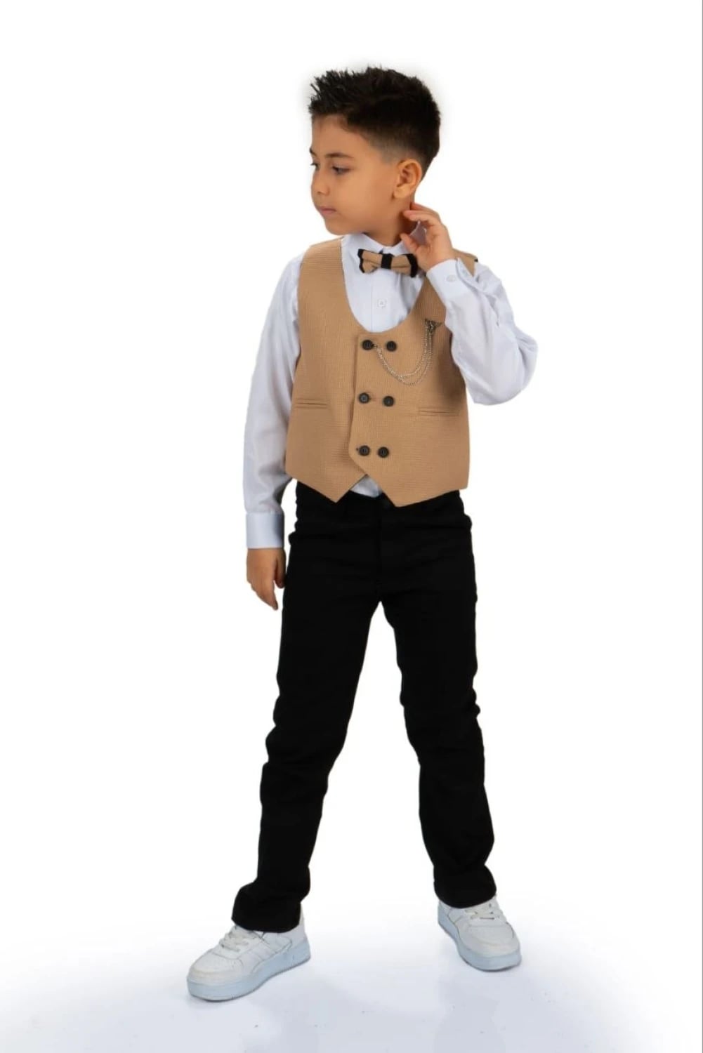 Boys' 4-Piece Formal Suit Set with Vest and Bow Tie - Beige - Terry - by Peralane
