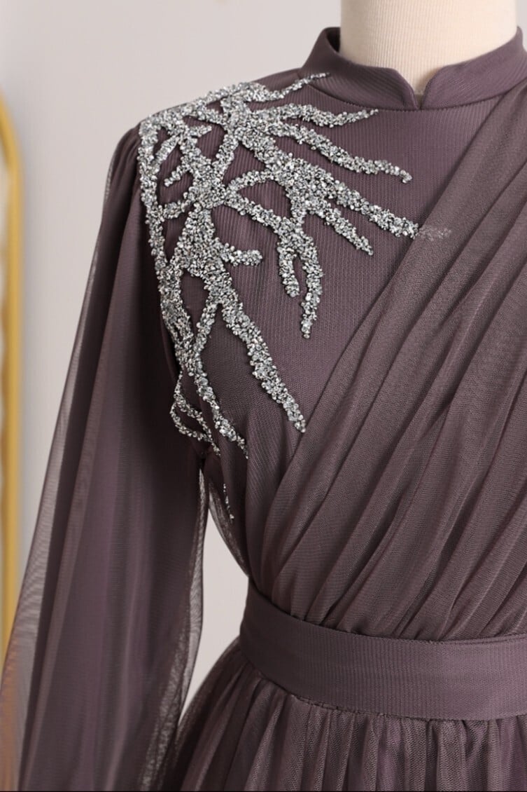 Beaded Draped Belted Tulle Evening Dress - Deep Plum - Podyumplus - by Peralane - photo 8