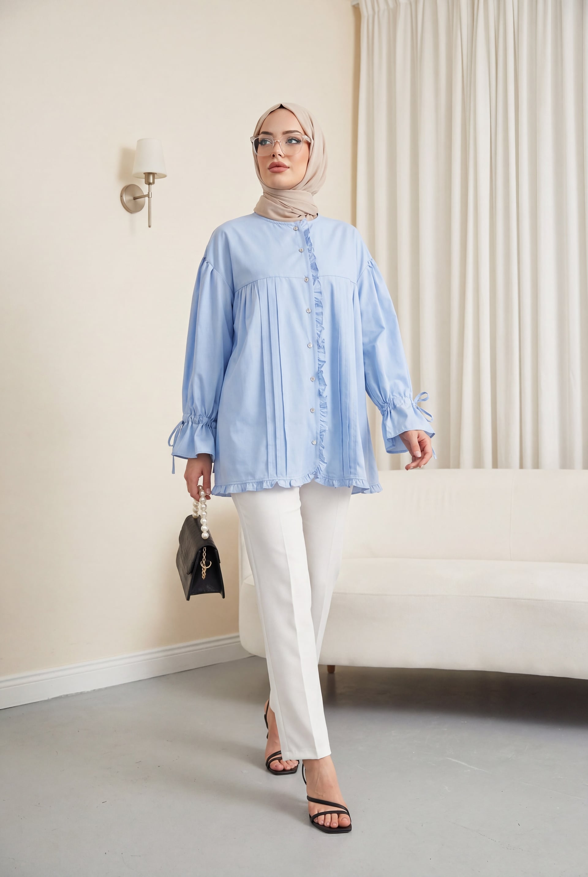Ruffled Detail Balloon Sleeve Stone Button Cupra Tunic - Baby Blue - Podyumplus - by Peralane - photo 2