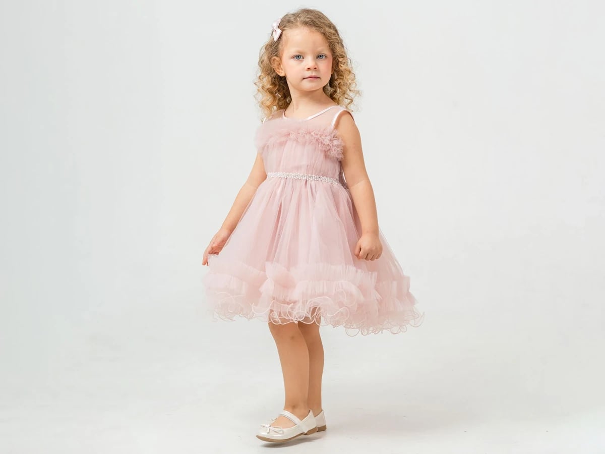 Ruffled Detail Girls Party Dress - Light Pink - Mertoglu Kids - by Peralane