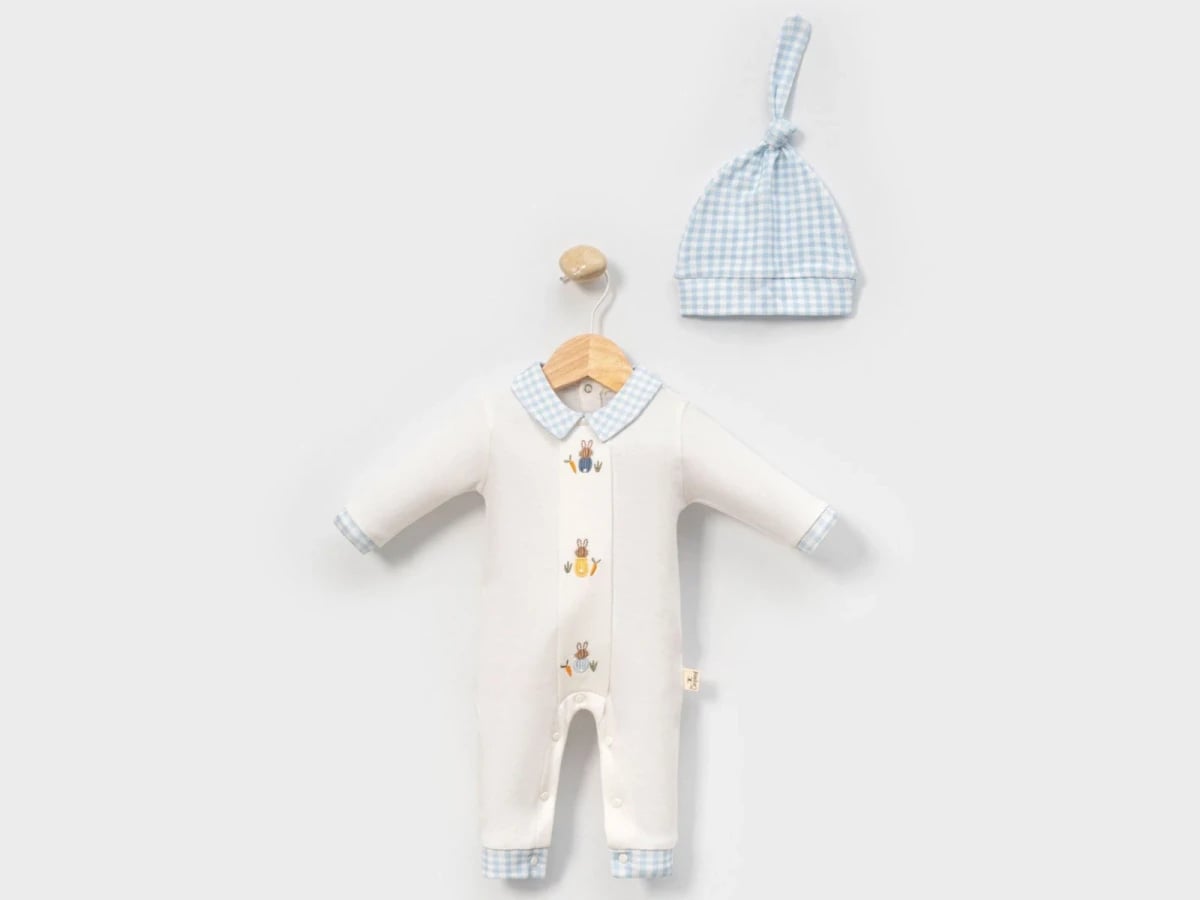 Boys' Rabbit Embroidered Romper with Gingham Knot Hat (Pack of 3) - Light Blue - Cayzen - by Peralane