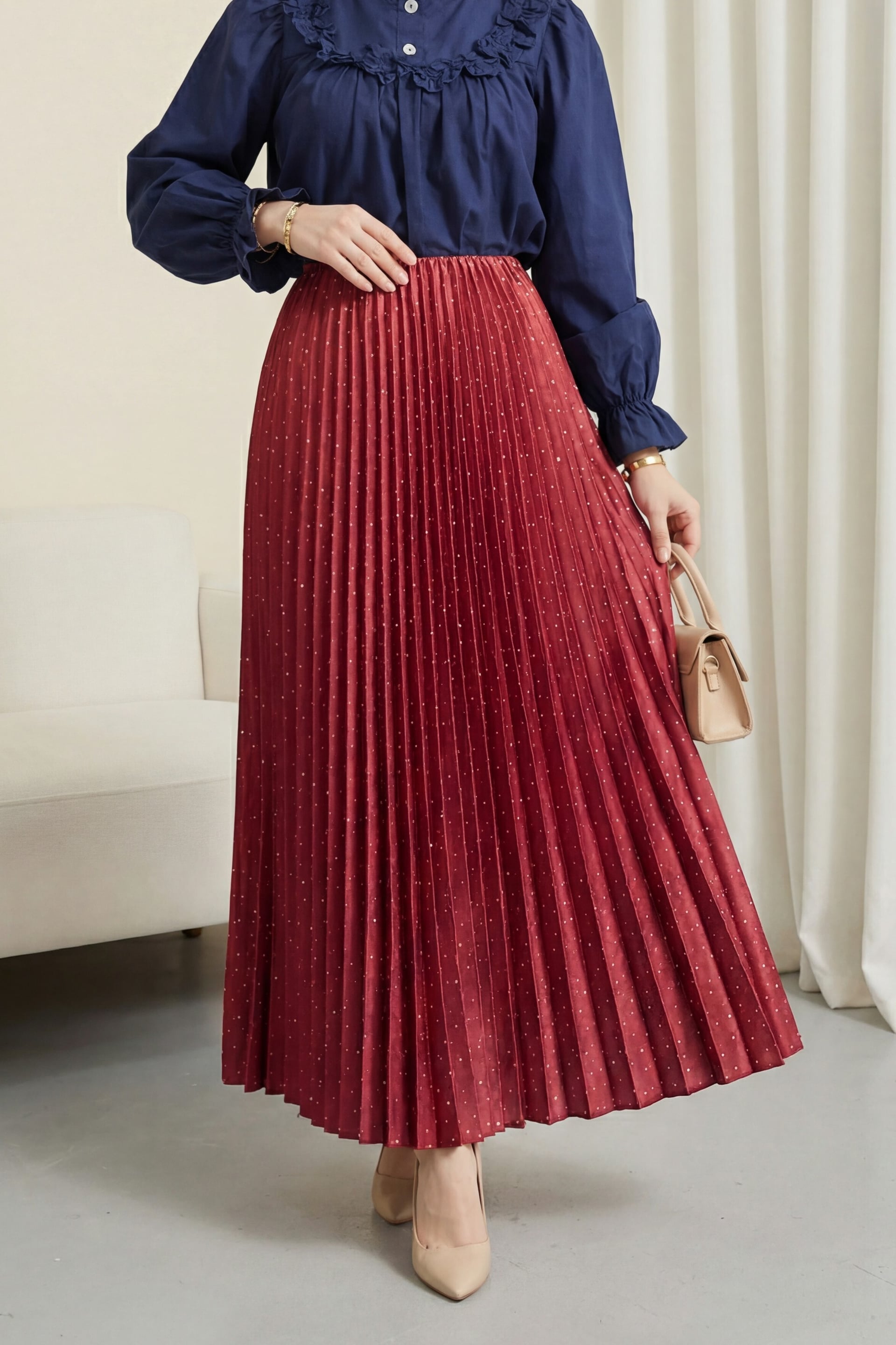 Embellished Pleated Midi Skirt - Red - Podyumplus - by Peralane - photo 6