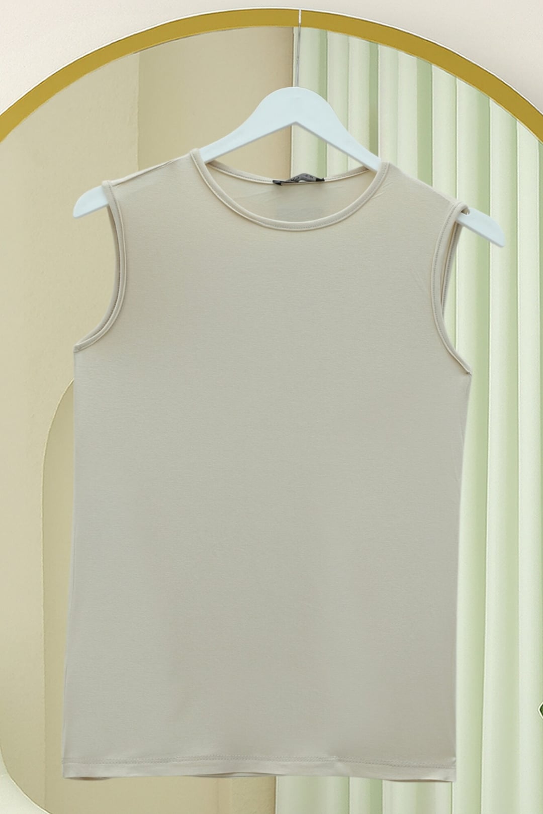 Sleeveless Crew Neck Ribbed Knit Tank Top - Beige - Podyumplus - by Peralane - photo 3