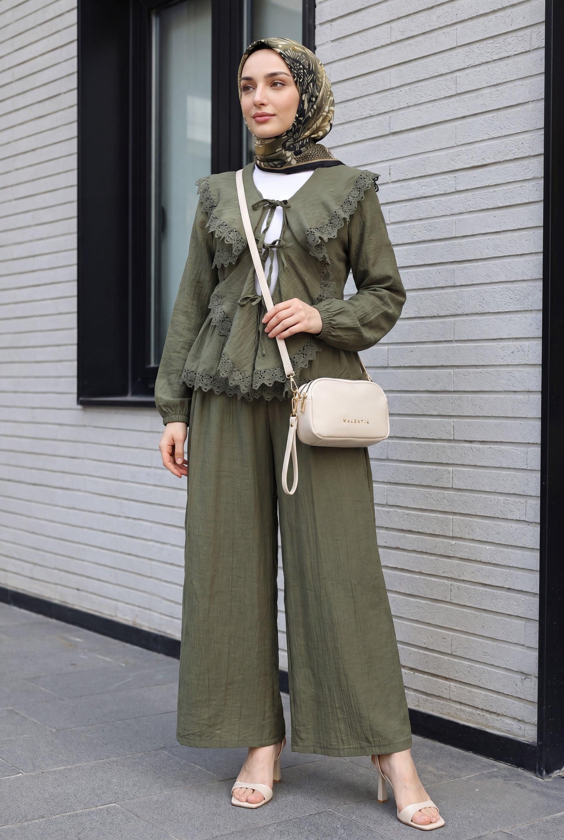 Women's Lace Detail Peplum Top and Wide-Leg Trousers Co-ord Set in Olive Green - Podyumplus - by Peralane - photo 2