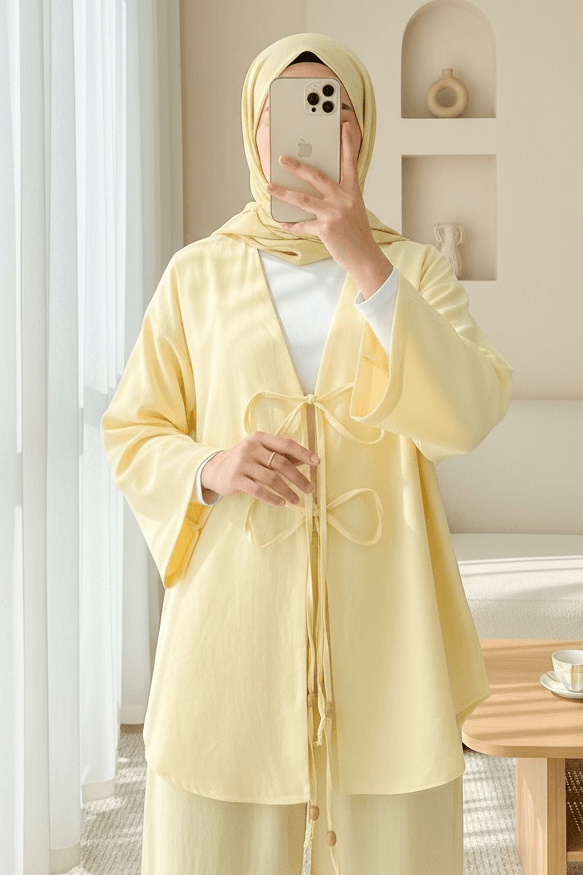 Pale Yellow Kimono Set with Wide-Leg Pants for Women - Podyumplus - by Peralane - photo 2