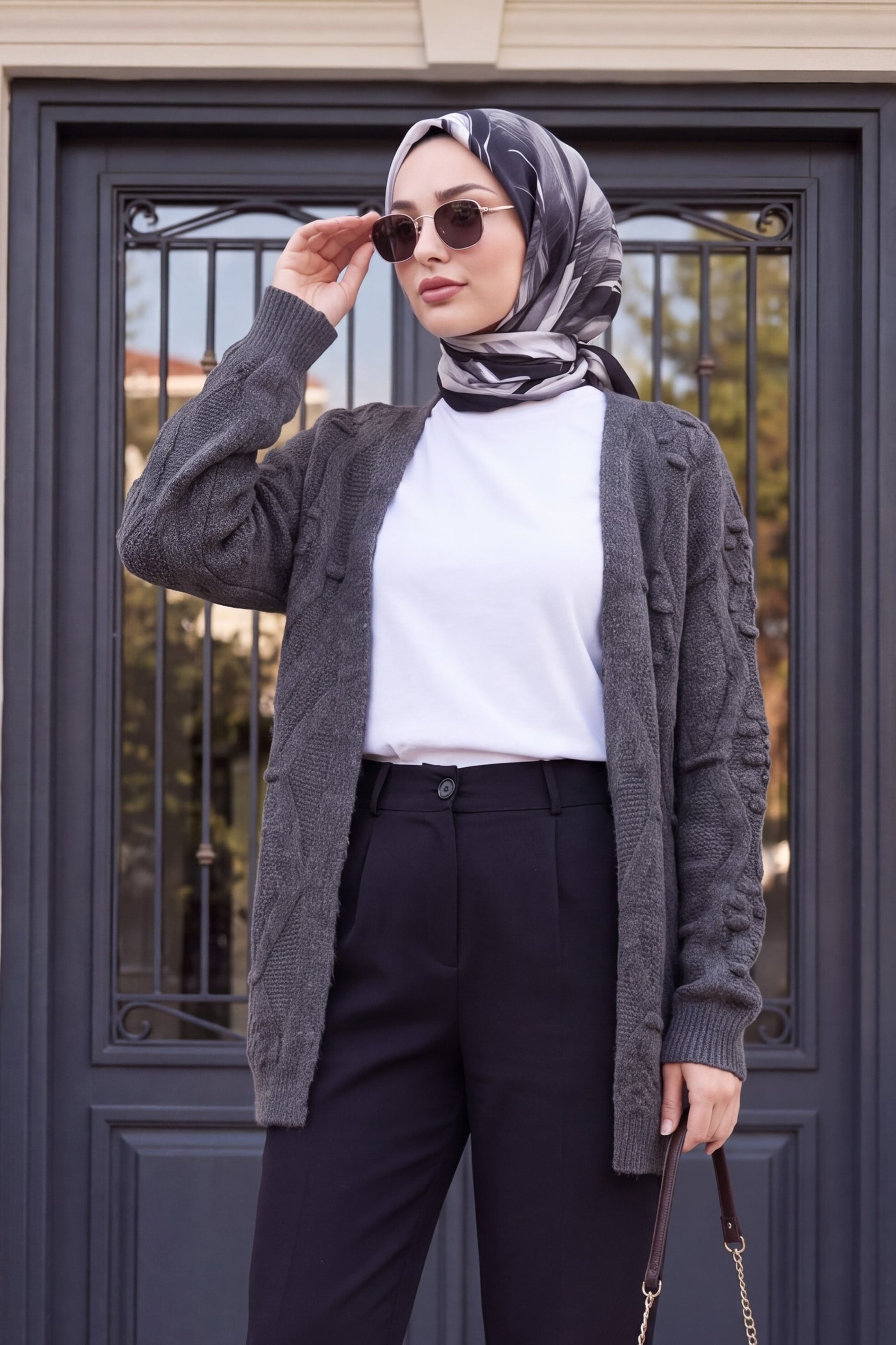 Pom Pom Detail Cardigan with V-Neckline - Smoke Grey - Podyumplus - by Peralane - photo 2