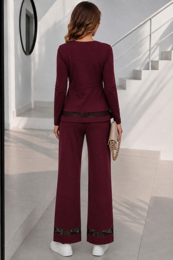 Women's Long-Sleeve Round Neck Tulle Detail Crepe Blouse and Trousers Two-Piece Set - Janes - by Peralane - photo 3