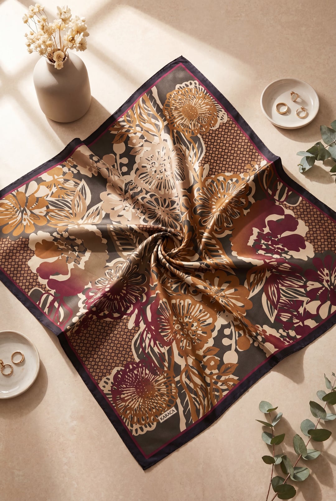 Botanical Print Rayon Scarf - Taupe - Podyumplus - by Peralane