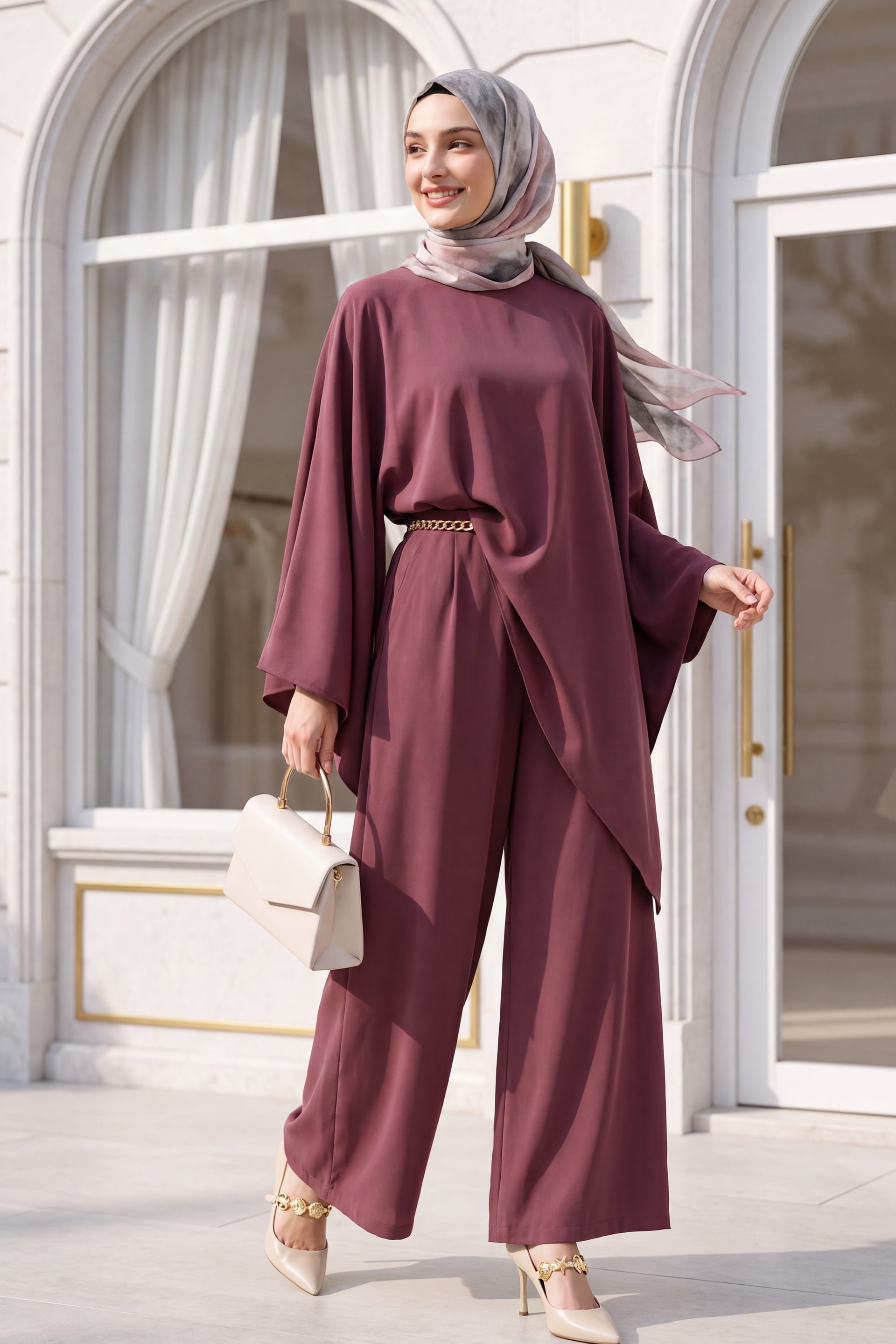 Asymmetric Cut Wide Sleeve Wide-Leg Trousers Belted Modal Set - Rose - Podyumplus - by Peralane - photo 2