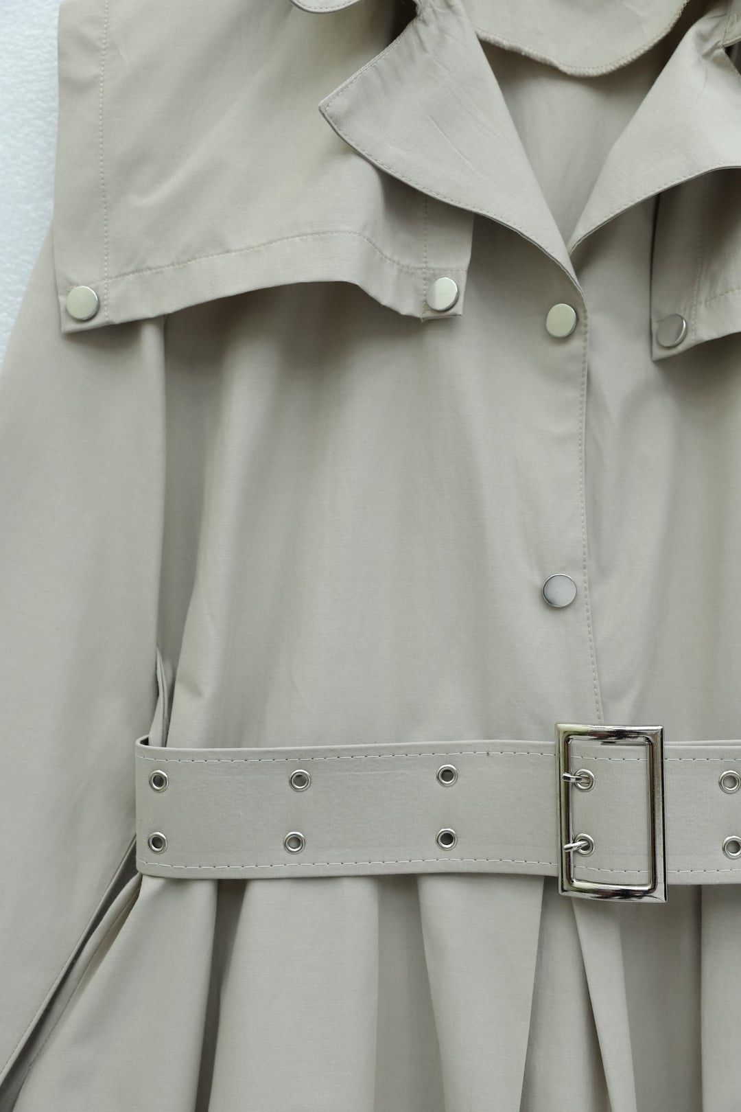 Half-Button Collared Side-Pocket Belted Cotton Satin Dress - Stone - Podyumplus - by Peralane - photo 5