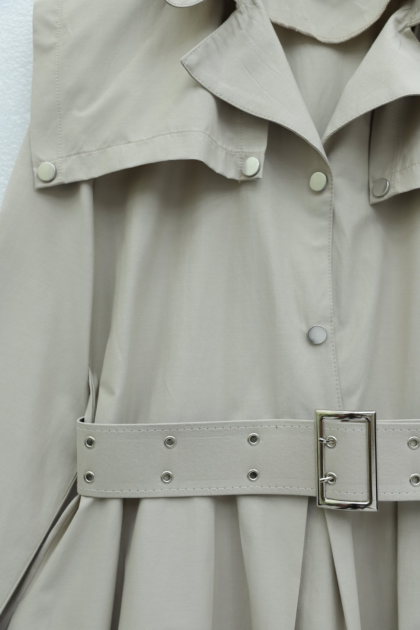 Half-Button Collared Side-Pocket Belted Cotton Satin Dress - Stone - Podyumplus - by Peralane - photo 5