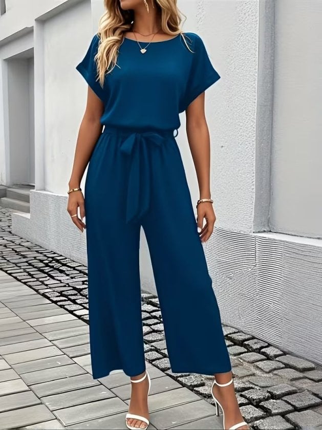 Women's Short Sleeve Round Neck Elastic Waist Pocket Jumpsuit - Janes - by Peralane - photo 2