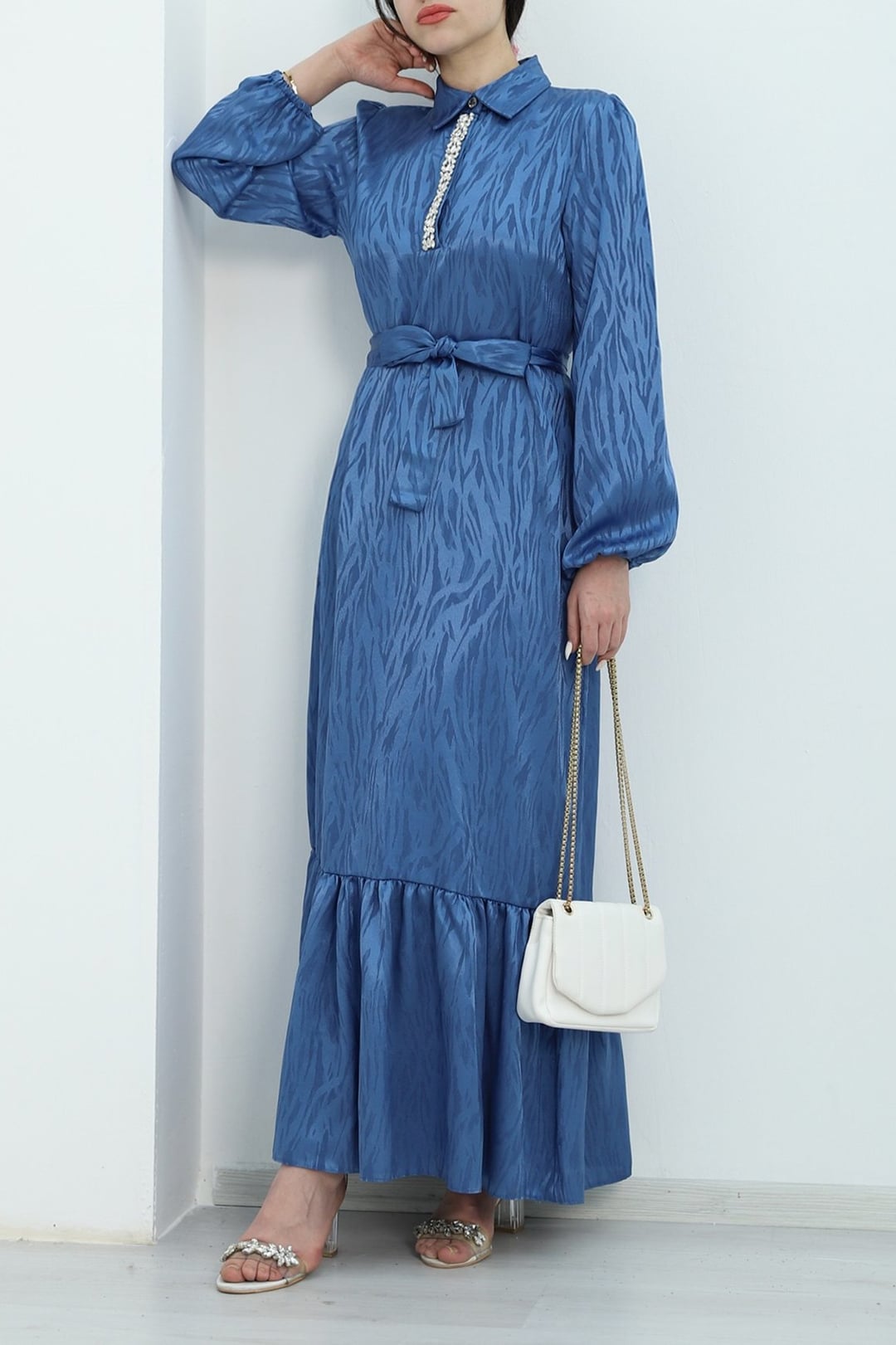 Women's Paneled Skirt Long-Sleeve Stone Detailed Dress in Blue - Size 38-44 - Podyumplus - by Peralane