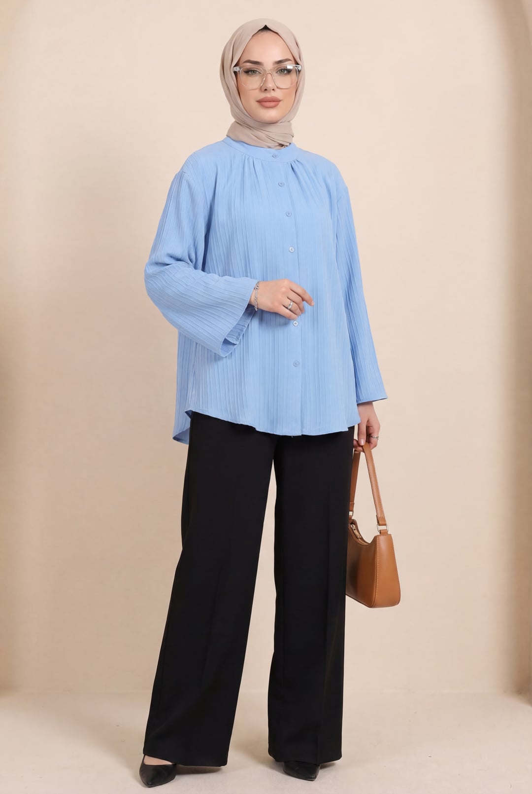 Round Neck Button-Up Spanish Sleeve Siena Tunic - Blue - Podyumplus - by Peralane - photo 7