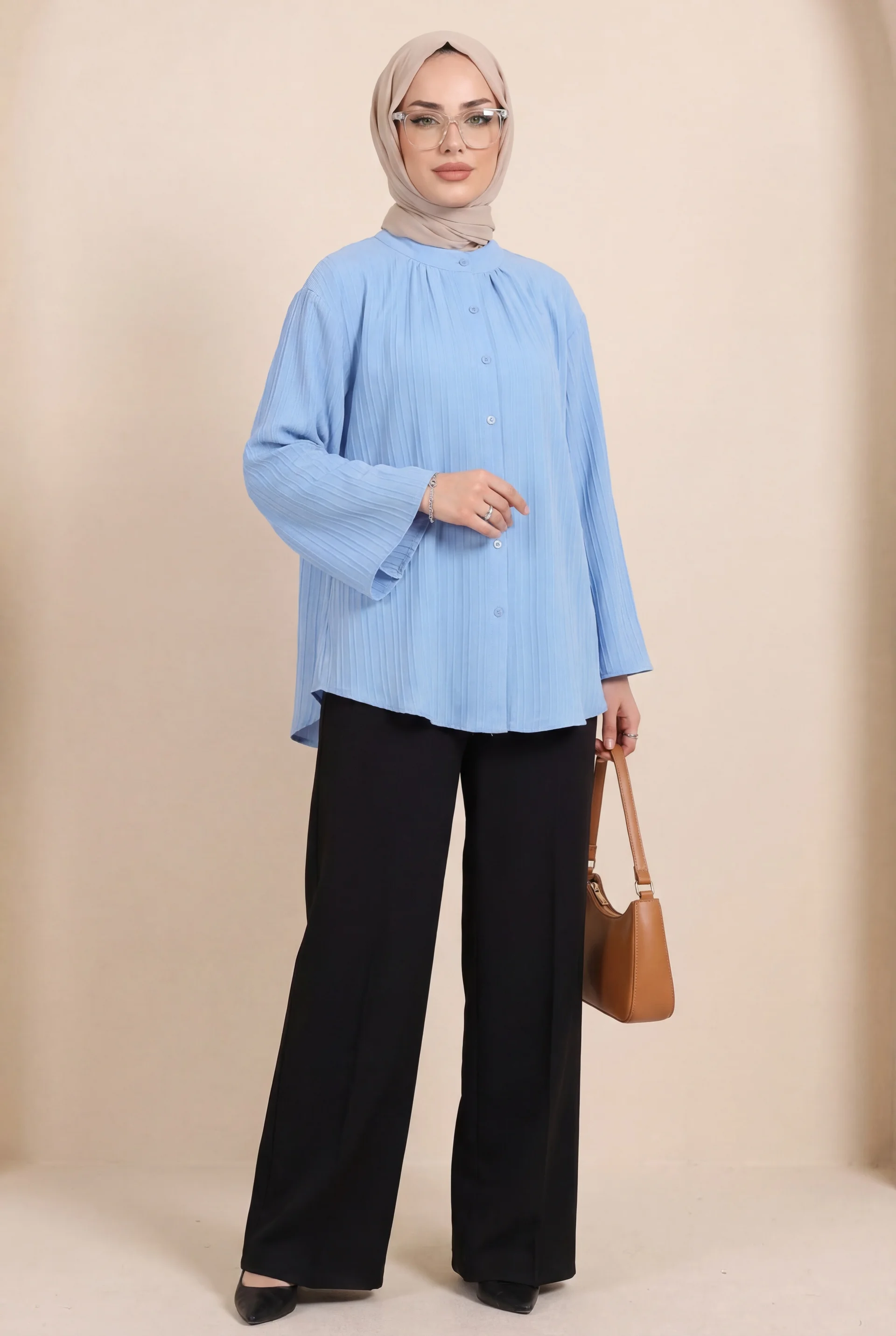 Round Neck Button-Up Spanish Sleeve Siena Tunic - Blue - Podyumplus - by Peralane - photo 7