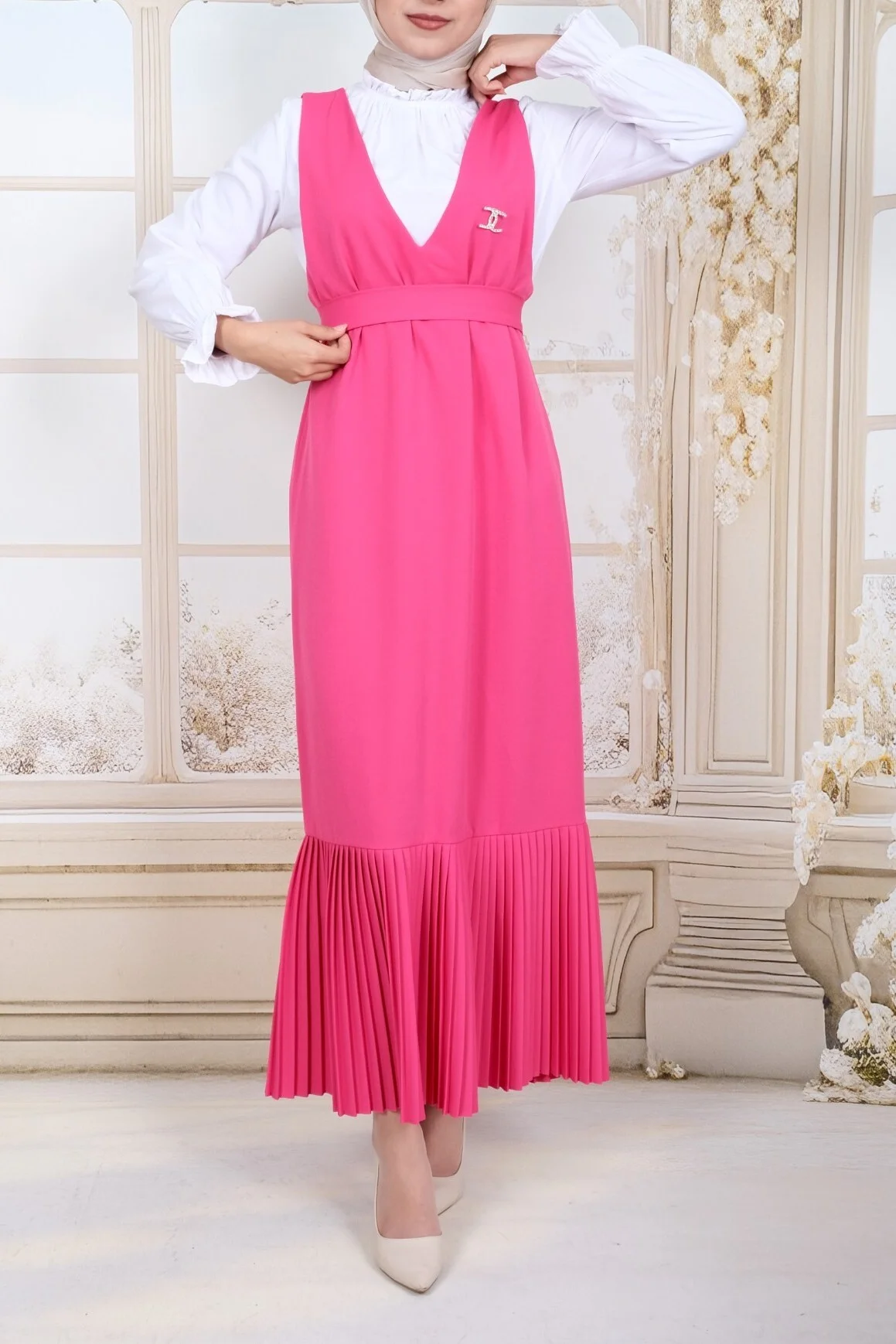 Pleated Skirt Belted Jumper Dress in Fuchsia with White Blouse - Podyumplus - by Peralane - photo 3
