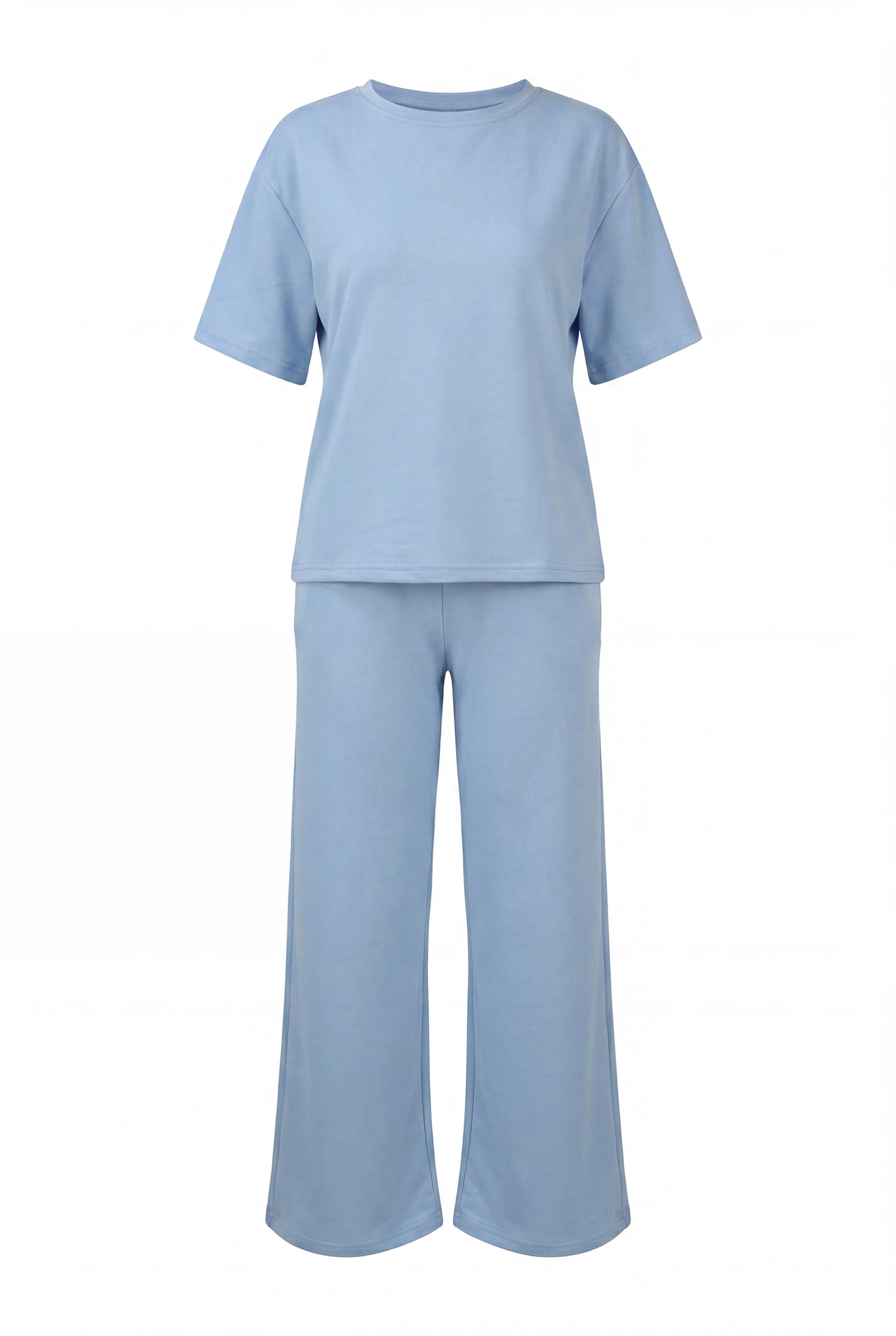 Women's Light Blue Crew Neck Short Sleeve T-Shirt and Drawstring Wide-Leg Pants Lounge Set - Podyumplus - by Peralane - photo 2