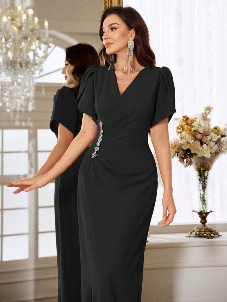 Women's Black Crepe Dress with V-Neckline, Short Puff Sleeves, Ruched Side and Stone Embellishment - Janes - by Peralane - photo 2