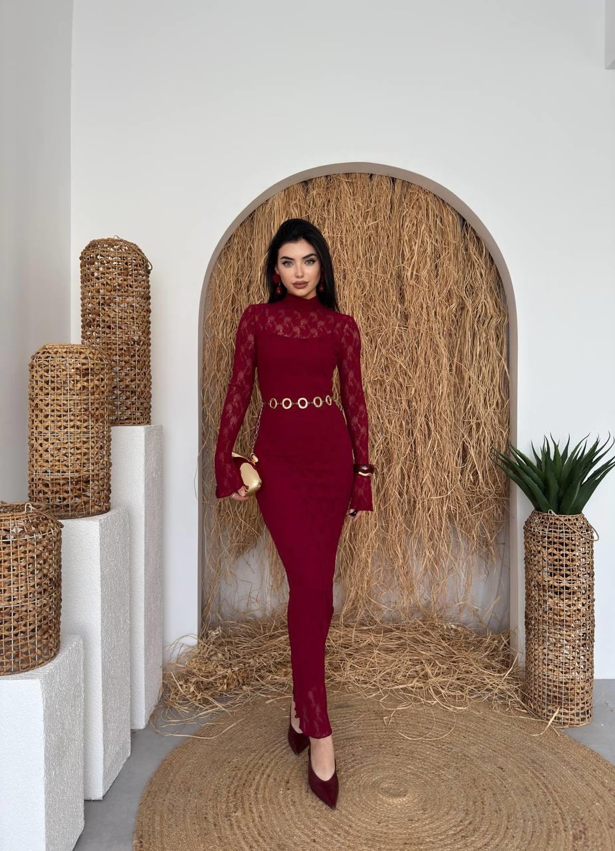 Bela Midi Dress ETK-00226 in Deep Red with Floral Lace - Etika - by Peralane - photo 5