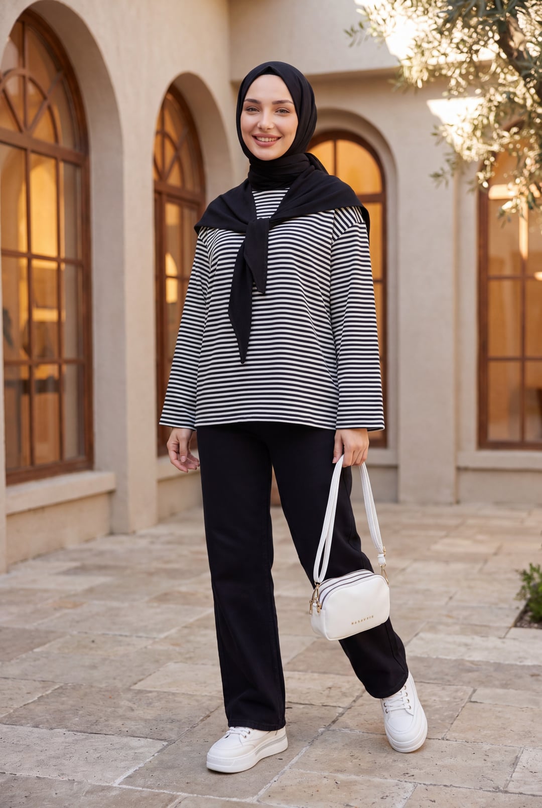 Women's Black and White Striped Wide-Sleeve Bicycle Neck Sweatshirt with Scarf Detail - Podyumplus - by Peralane - photo 3