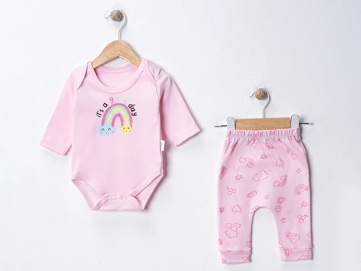Rainbow Print Baby Bodysuit and Pants Set - Pink - Supermini - by Peralane
