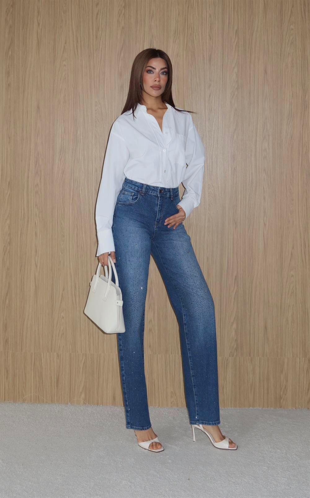 Blue Rhinestone Embellished Straight Leg Jeans - Lacarino Jeans - by Peralane - photo 2