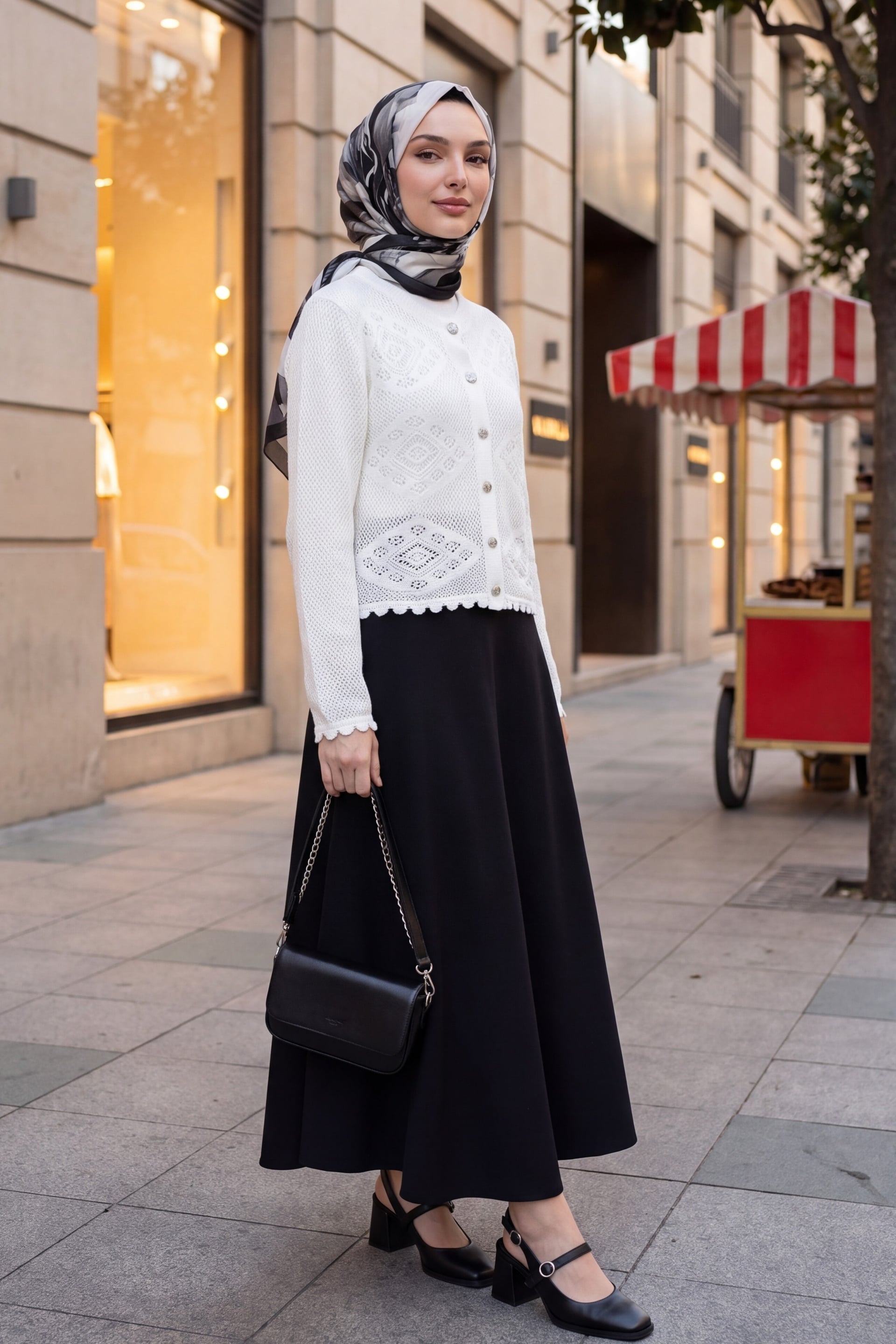 Geometric Patterned Open-Knit Button Cardigan - Ecru - Podyumplus - by Peralane - photo 2