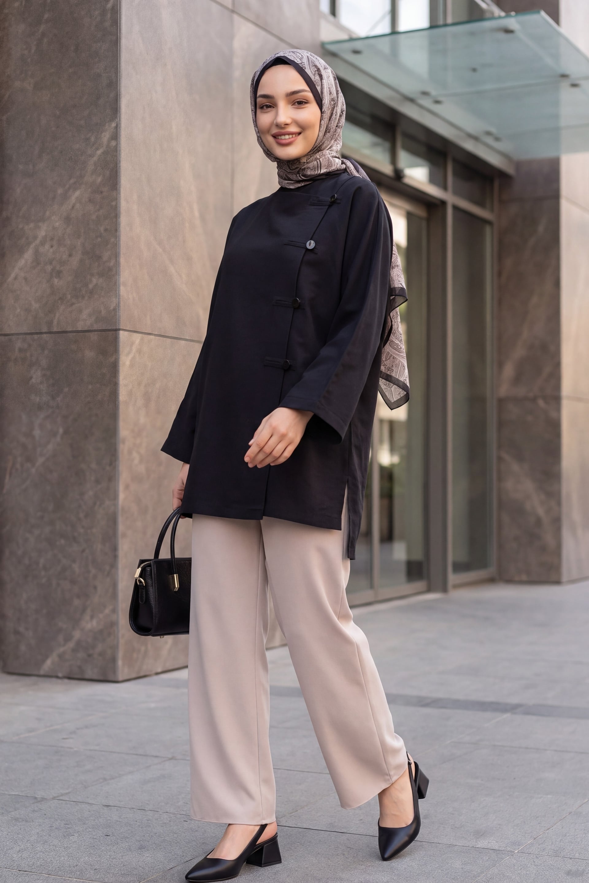 Black Round Neck Button Front Long Back Poliviscose Tunic - Podyumplus - by Peralane - photo 3