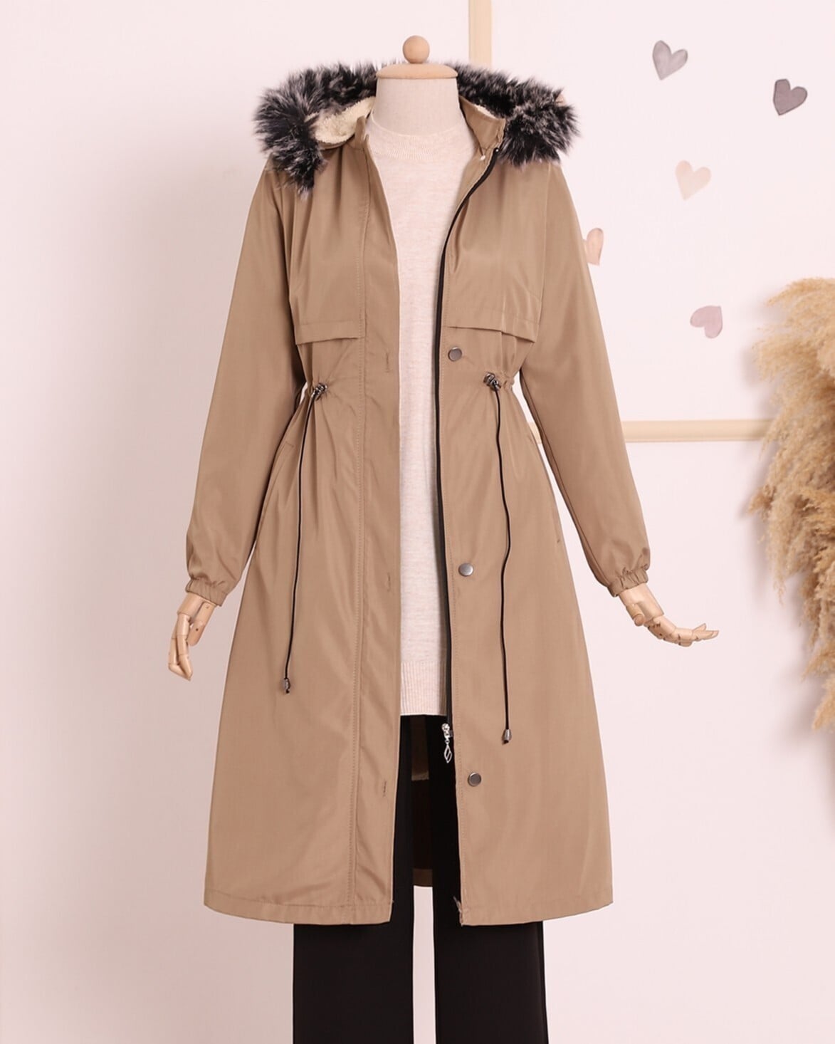 Hooded Bonded Coat with Detachable Hood - Light Beige - Podyumplus - by Peralane - photo 4