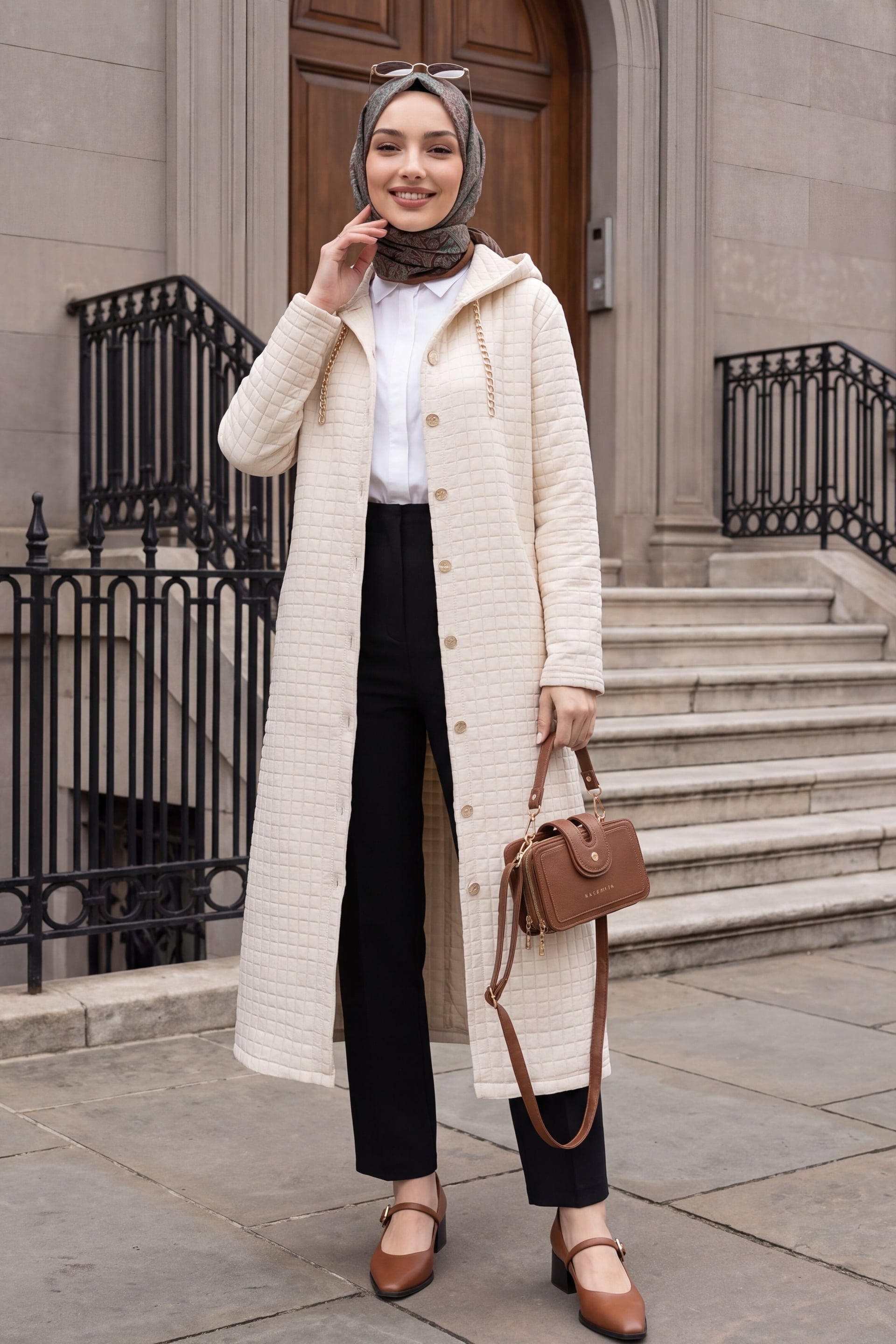 Chain Detail Long Quilted Coat - Stone - Podyumplus - by Peralane