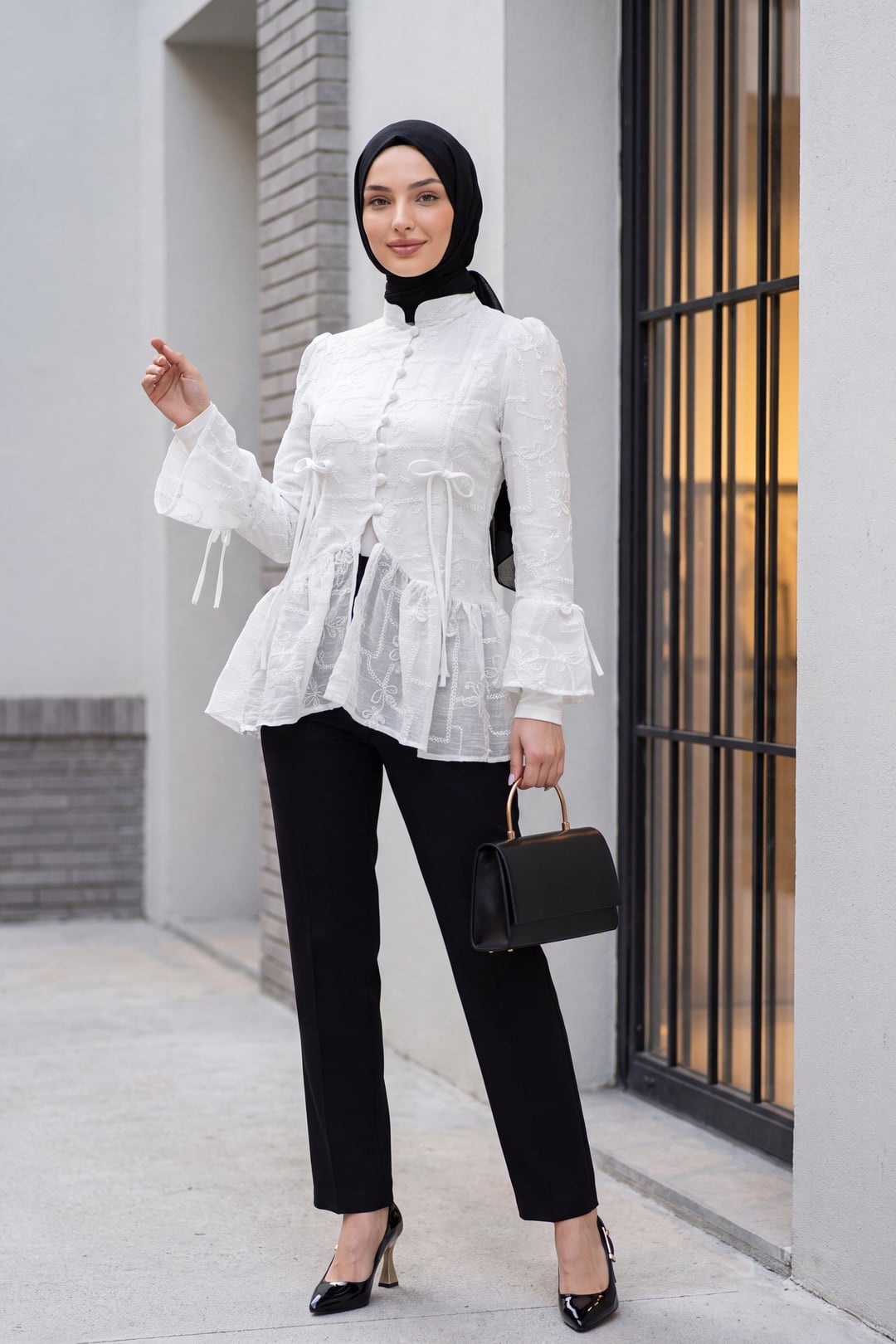 White High Collar Buttoned Lined Frilled Polyviscose Tunic - Podyumplus - by Peralane - photo 4