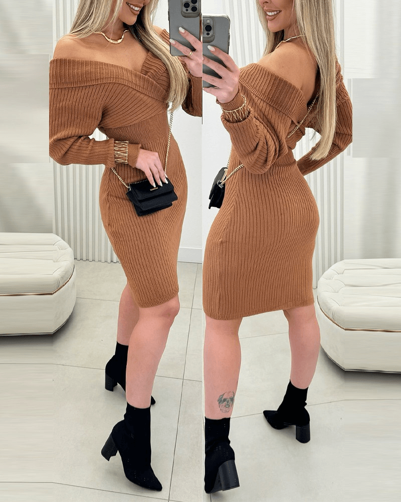 Women's Long Sleeve Off-Shoulder Wrap Neck Ribbed Knit Midi Dress - Janes - by Peralane - photo 3
