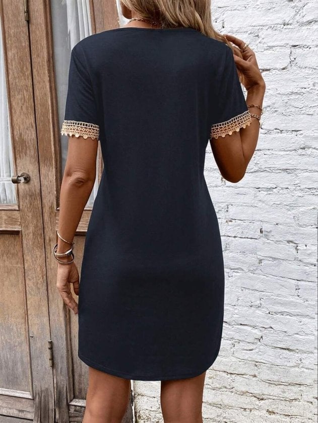 Women's Short-Sleeve V-Neck Lace Trim Viscose Short Dress - Black - Janes - by Peralane - photo 3