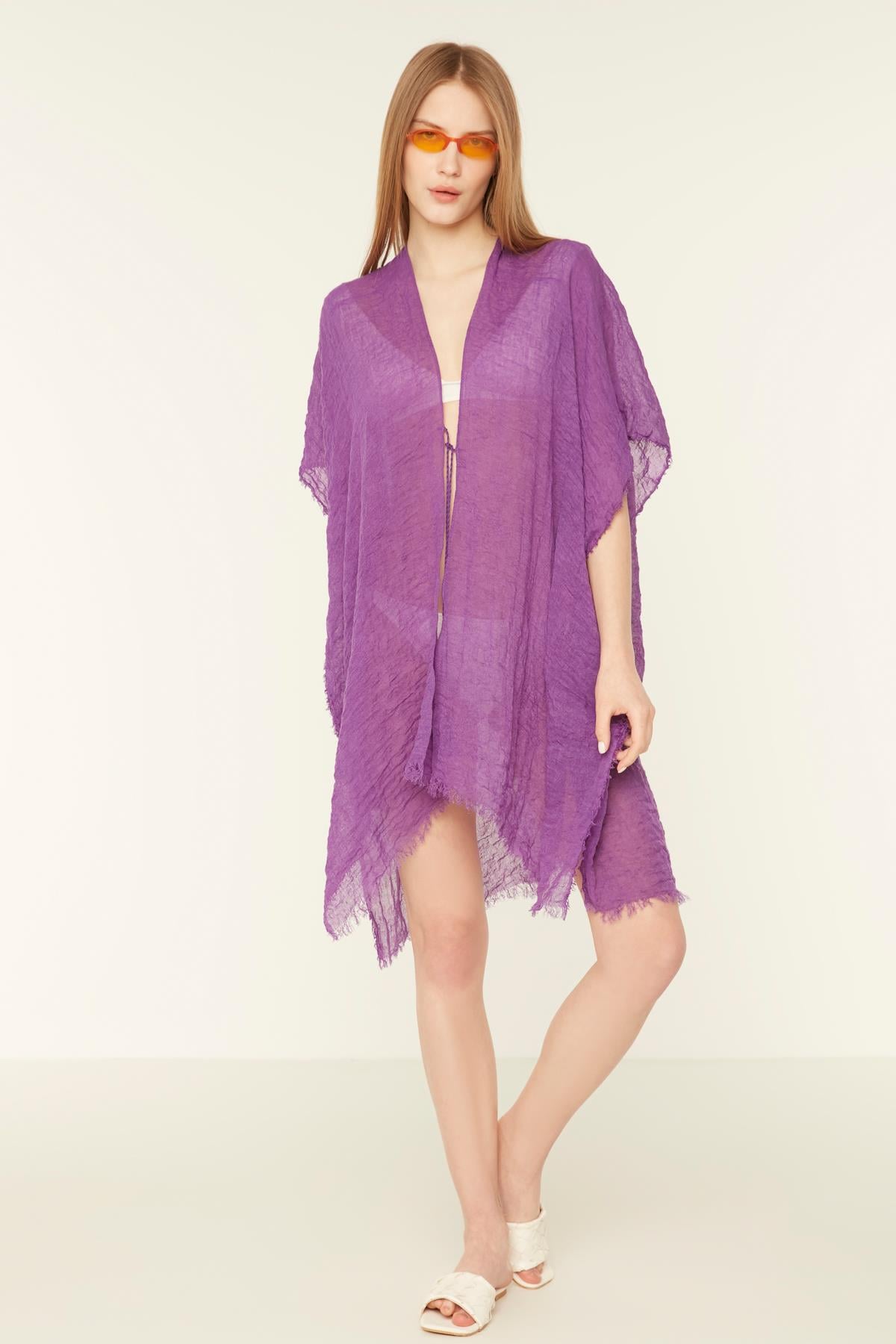 Lilac Crinkled Cover-Up Pareo with Asymmetric Hem - Nesvay - by Peralane
