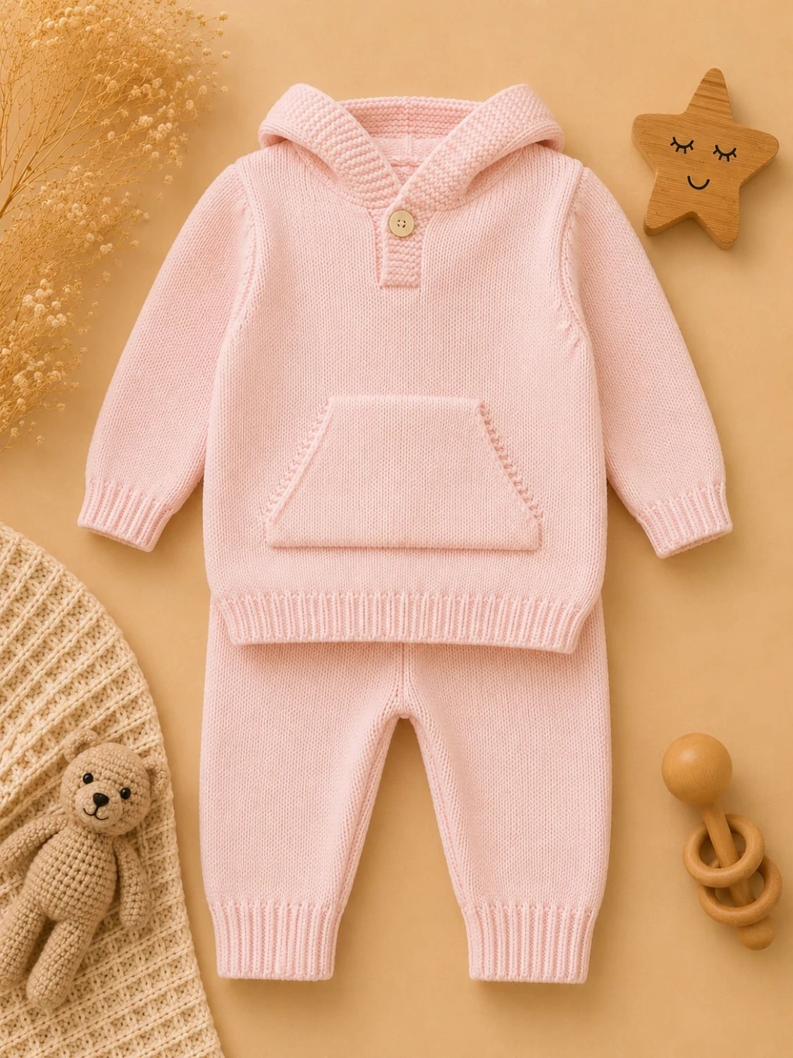 Pink Knitted Baby Set - 2-Piece Hooded Top & Trousers - Has Bereket - by Peralane