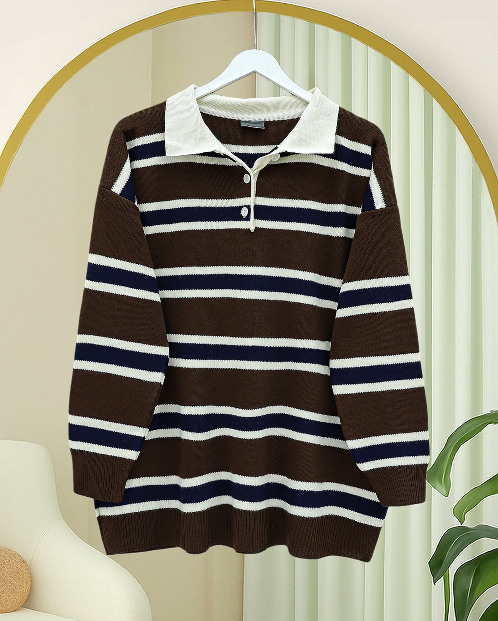 Polo Collar Half Button Striped Knit Sweater - Brown - Podyumplus - by Peralane - photo 3