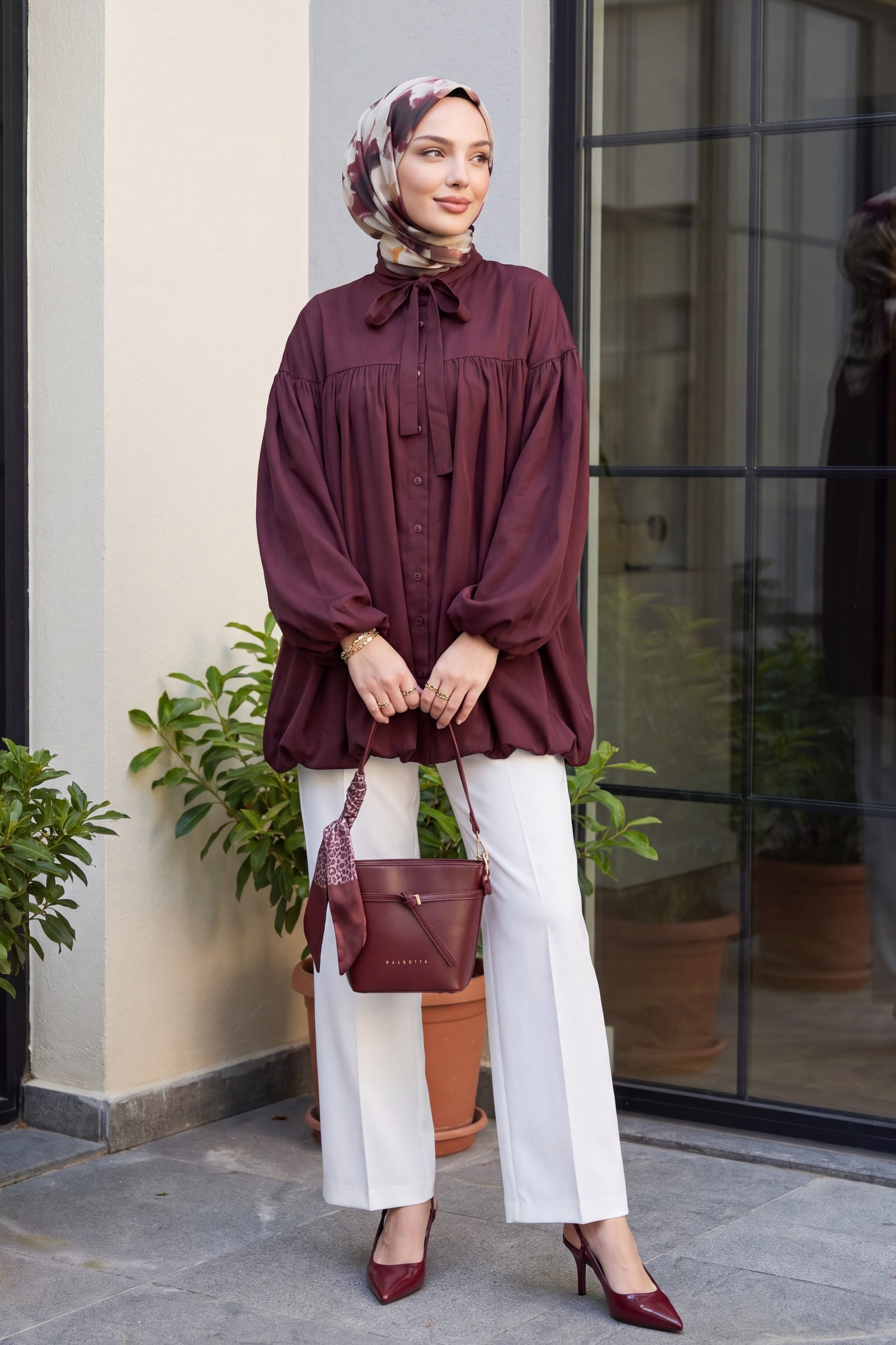 Tie-Neck Button-Front Balloon Sleeve Cupro Tunic - Deep Plum - Podyumplus - by Peralane - photo 5