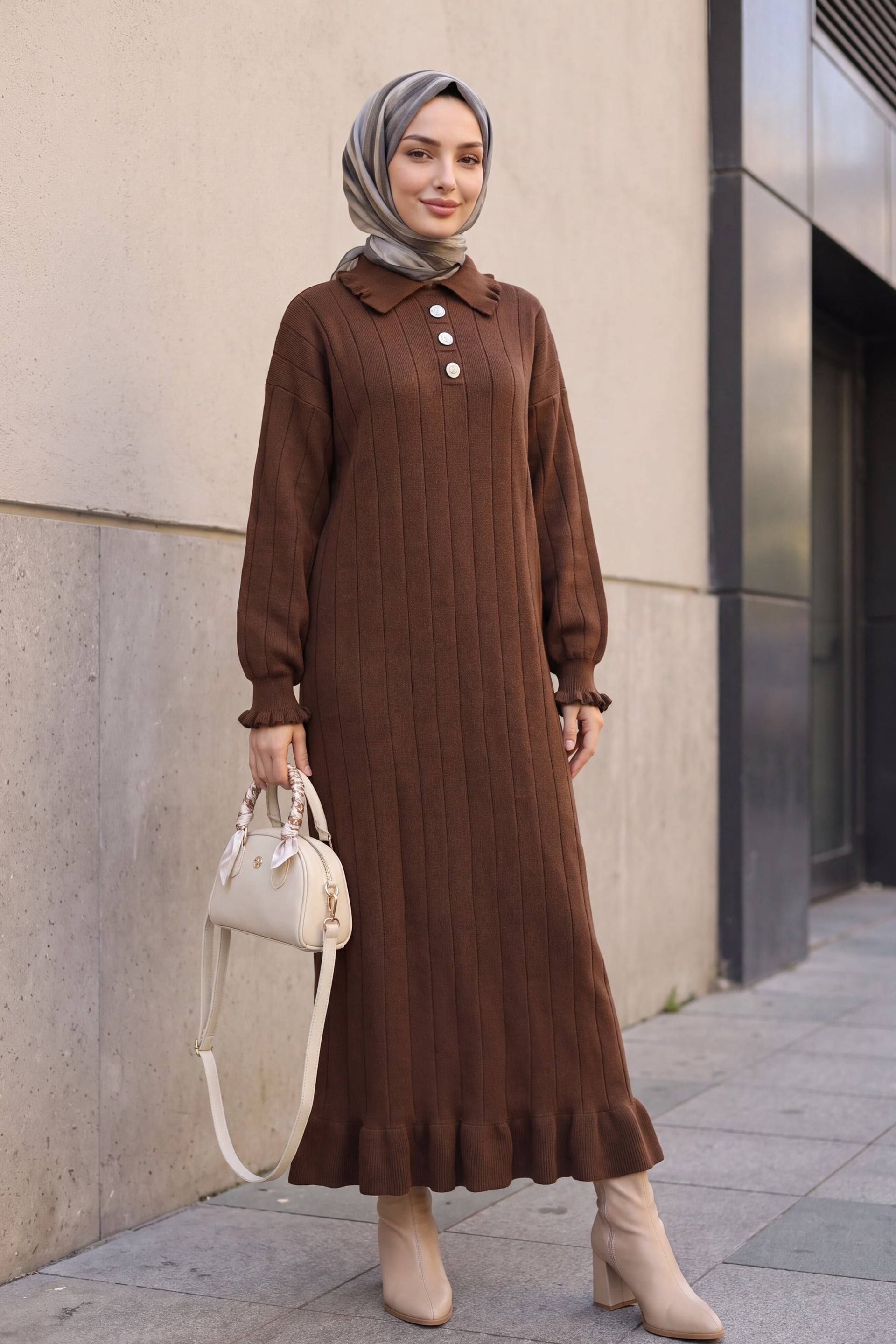 Ruffled Button-Detail Ribbed Knit Dress - Brown - Podyumplus - by Peralane - photo 3