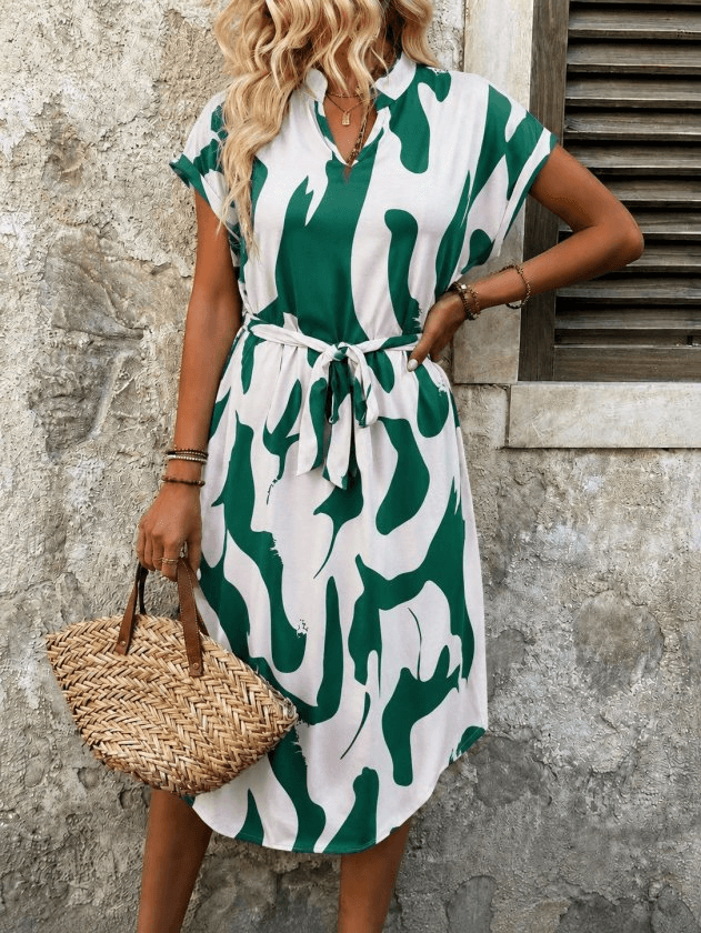Women's Short Sleeve V-Neck Tie Waist Midi Suprem Dress in Cream and Green Abstract Print - Janes - by Peralane