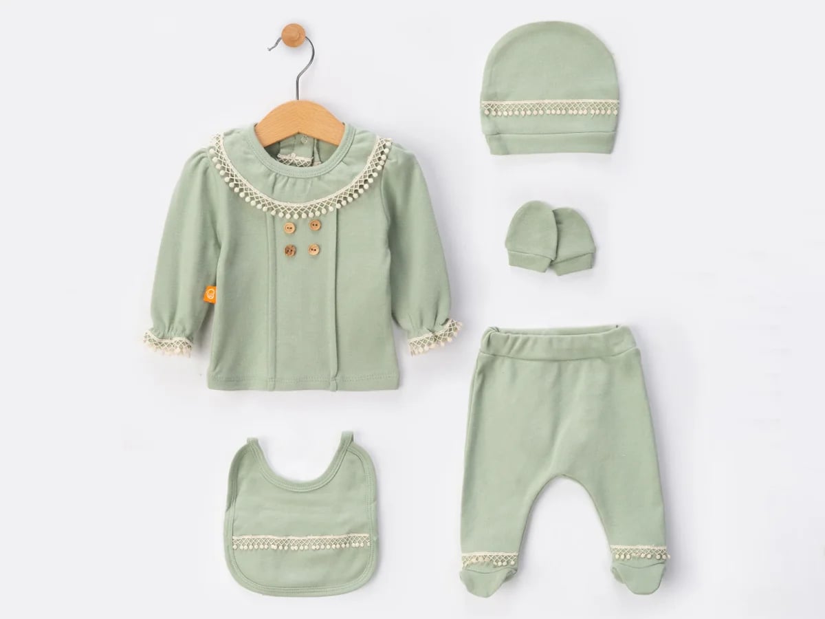 Lace Trim Newborn Baby Girl 5-Piece Set - Sage Green - Beyaz Bebek - by Peralane