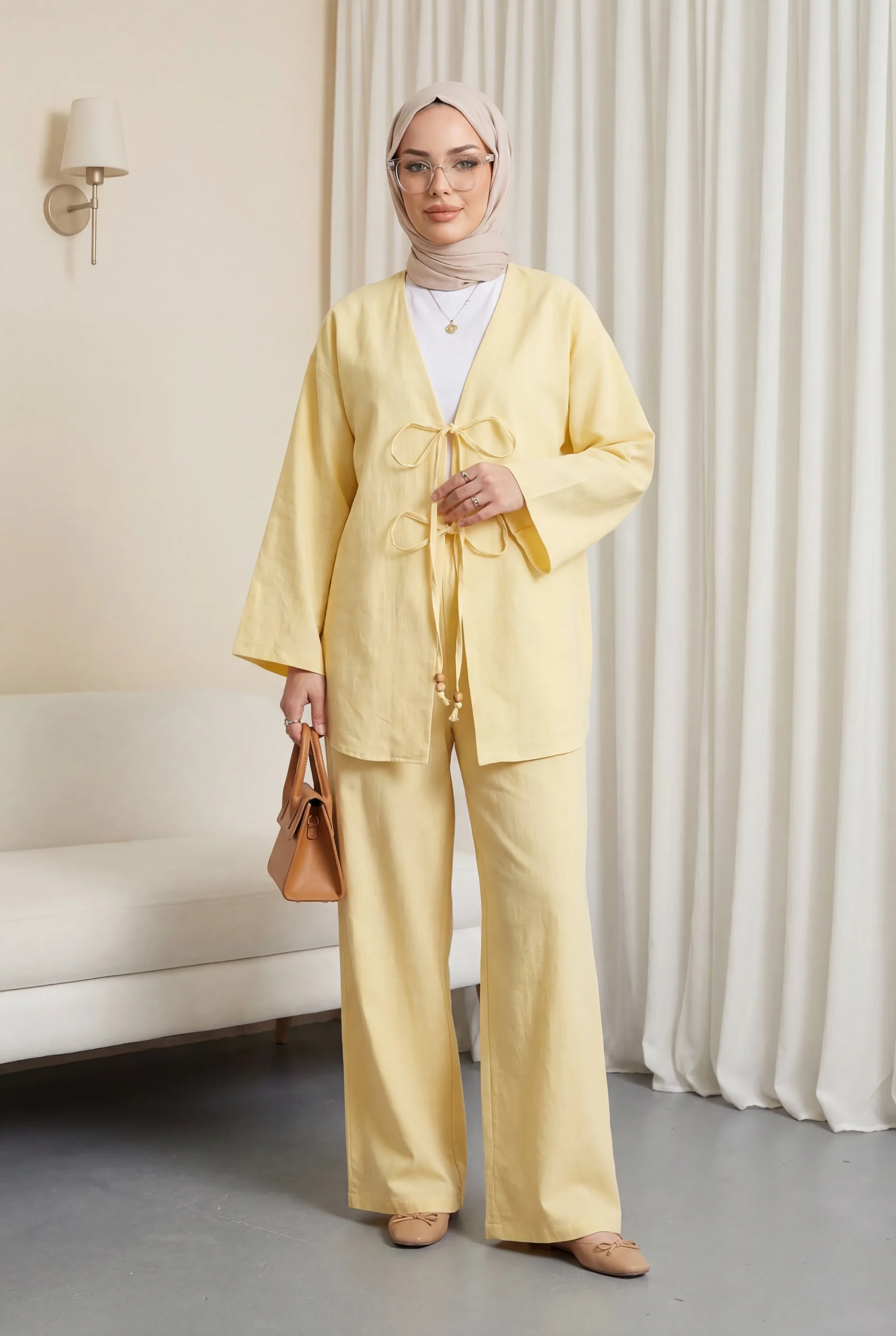 Pale Yellow Kimono Set with Wide-Leg Pants for Women - Podyumplus - by Peralane