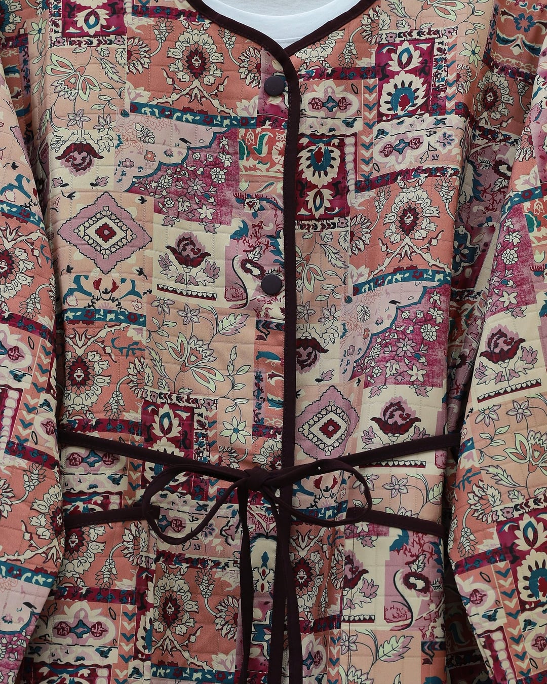 Women's Ethnic Pattern Jacket with Folded Sleeves and Waist Tie - Beige - Podyumplus - by Peralane - photo 5