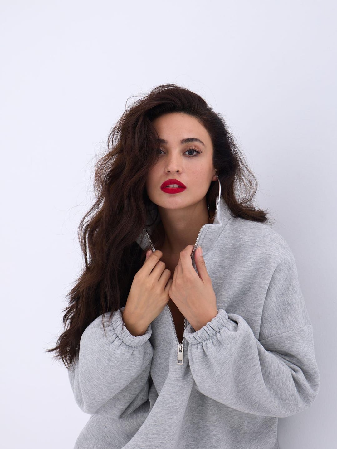 Women's Light Grey Oversized Fleece Sweatshirt with Zip - Fame - by Peralane - photo 4