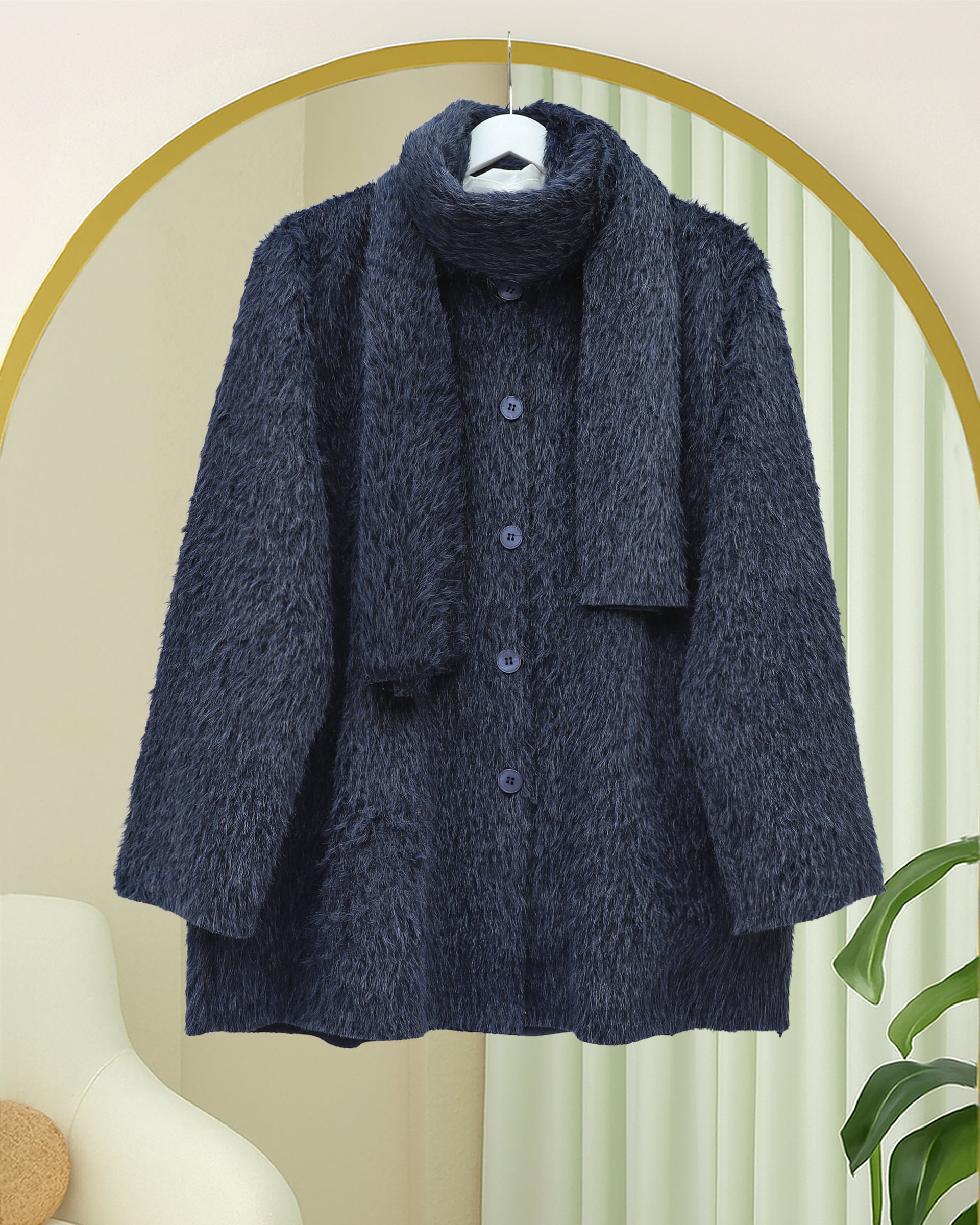 Scarf Detail Button-Front Fuzzy Cardigan - Dark Navy - Podyumplus - by Peralane - photo 4