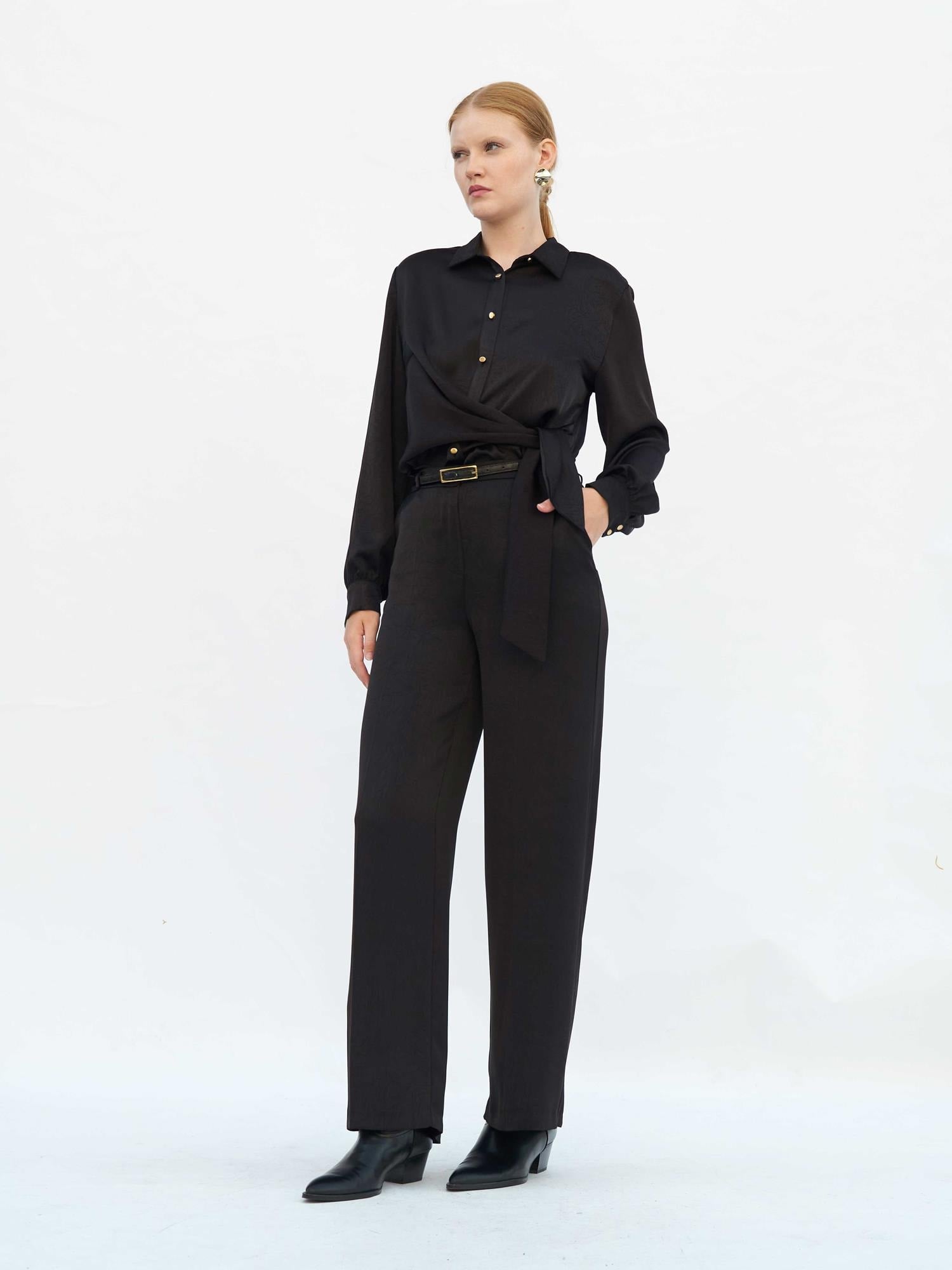 Black Satin Belted Wide-Leg Trousers - Lefon - by Peralane - photo 4