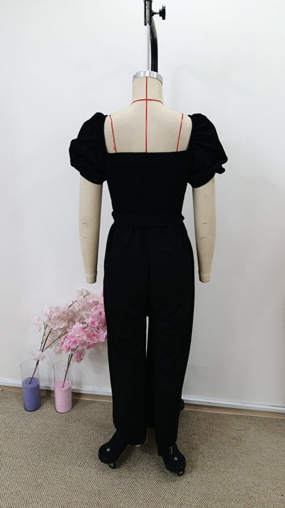 Women's Black Wide-Leg Jumpsuit with Puffed Short Sleeves and Square Neckline - Janes - by Peralane - photo 7