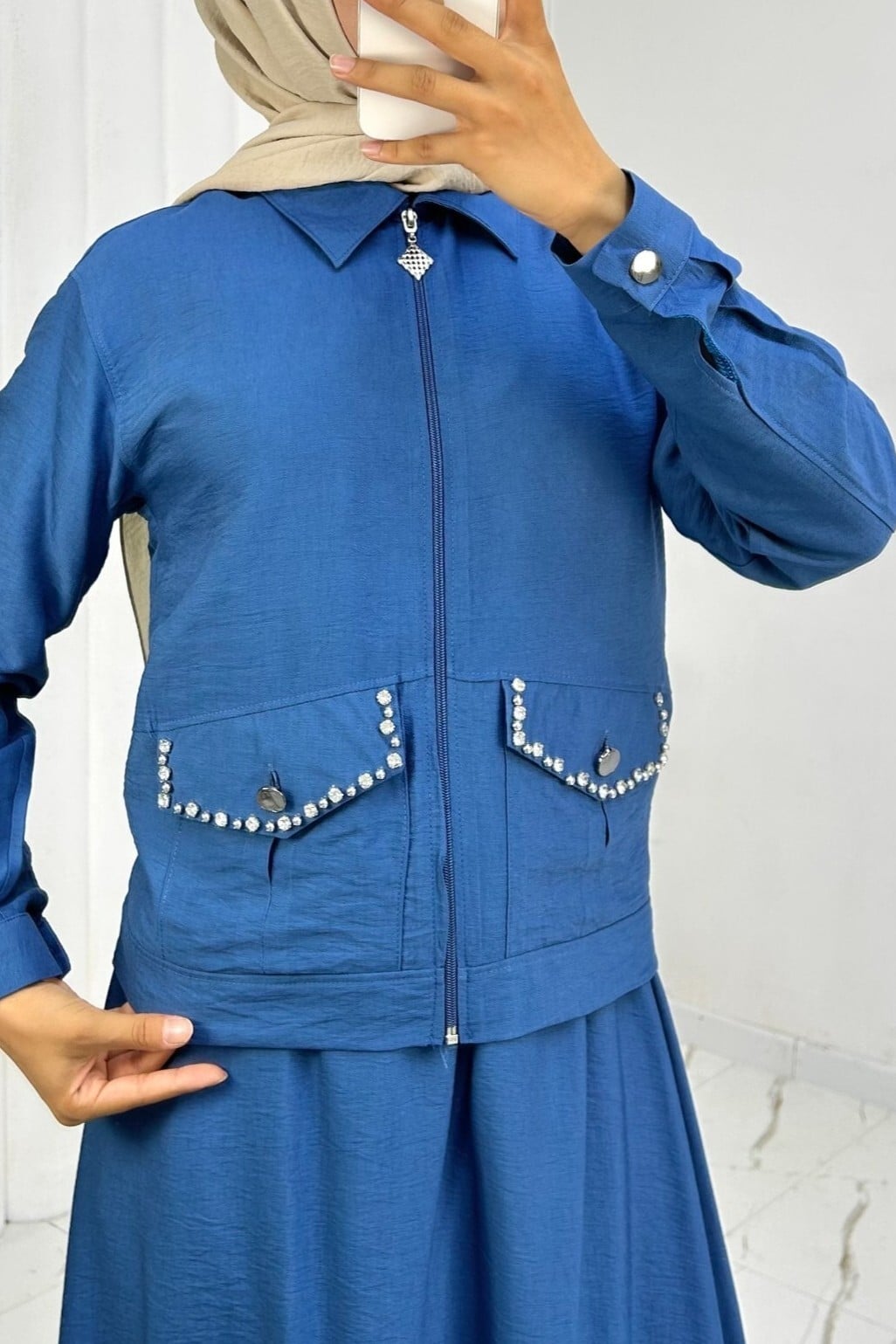 Zip-Front Jacket with Elastic-Waist Skirt Set - Blue - Podyumplus - by Peralane - photo 7