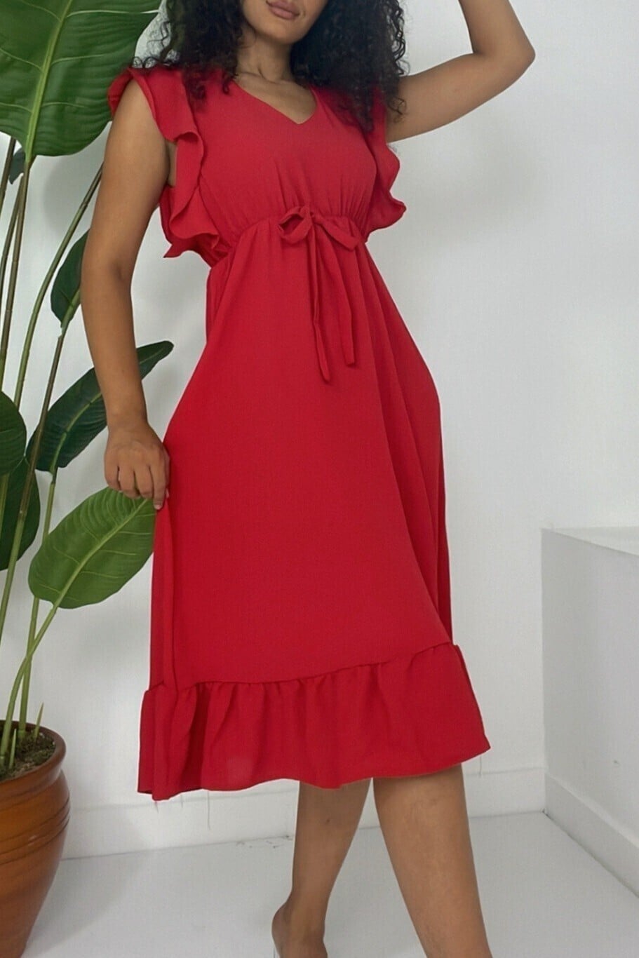 Women's Red Flutter Sleeve Midi Dress with Elastic Waist - Podyumplus - by Peralane - photo 2