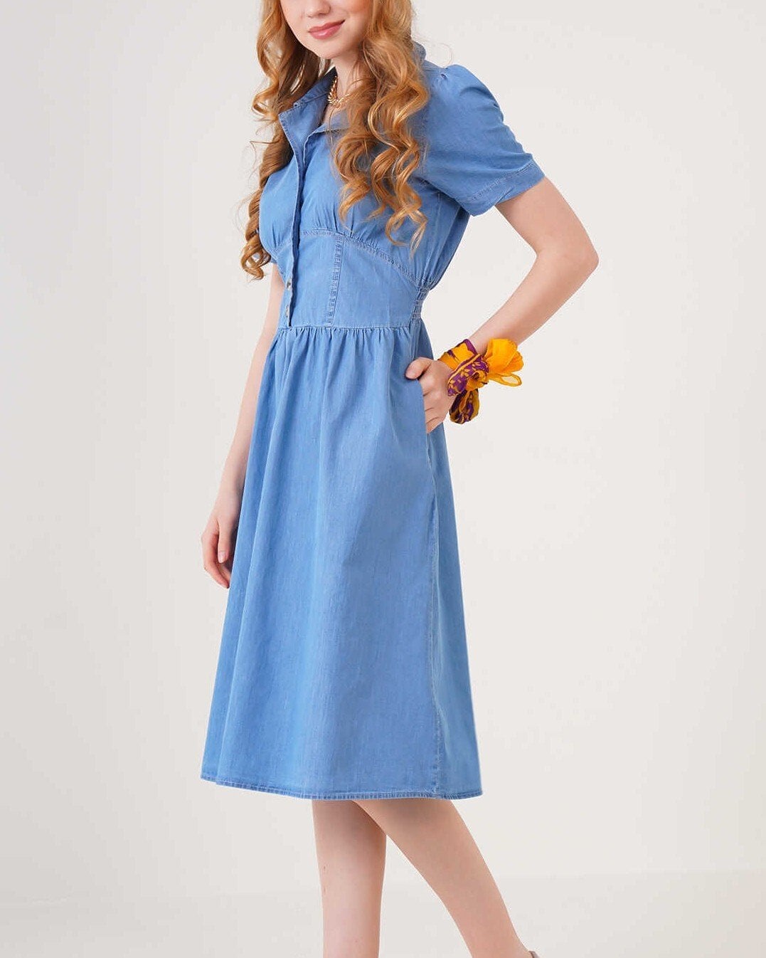 Blue Denim Dress with Short Puff Sleeves - Bigdart - by Peralane - photo 2