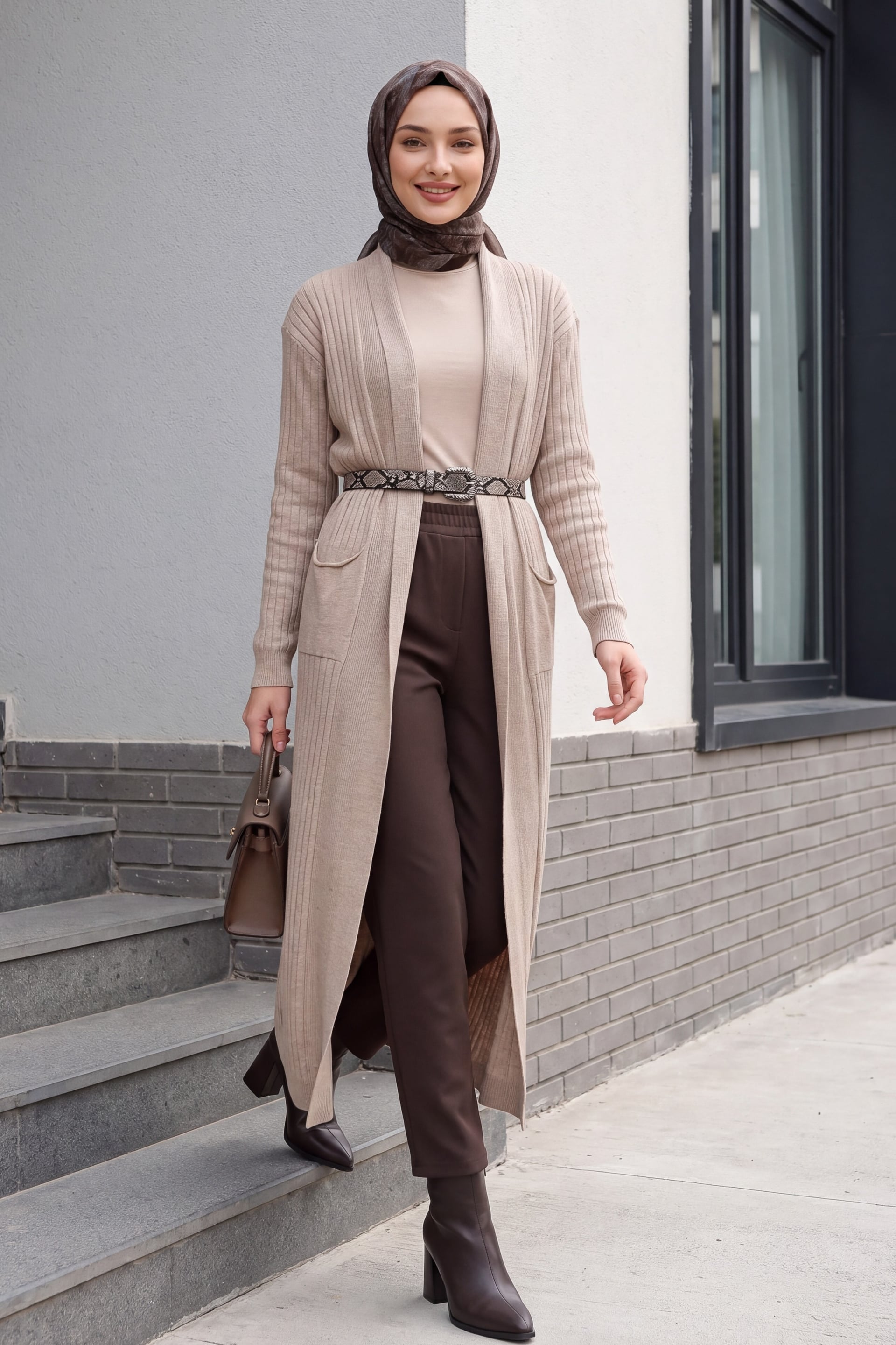 Long Ribbed Knit Cardigan with Belt - Beige - Bigdart - by Peralane - photo 4